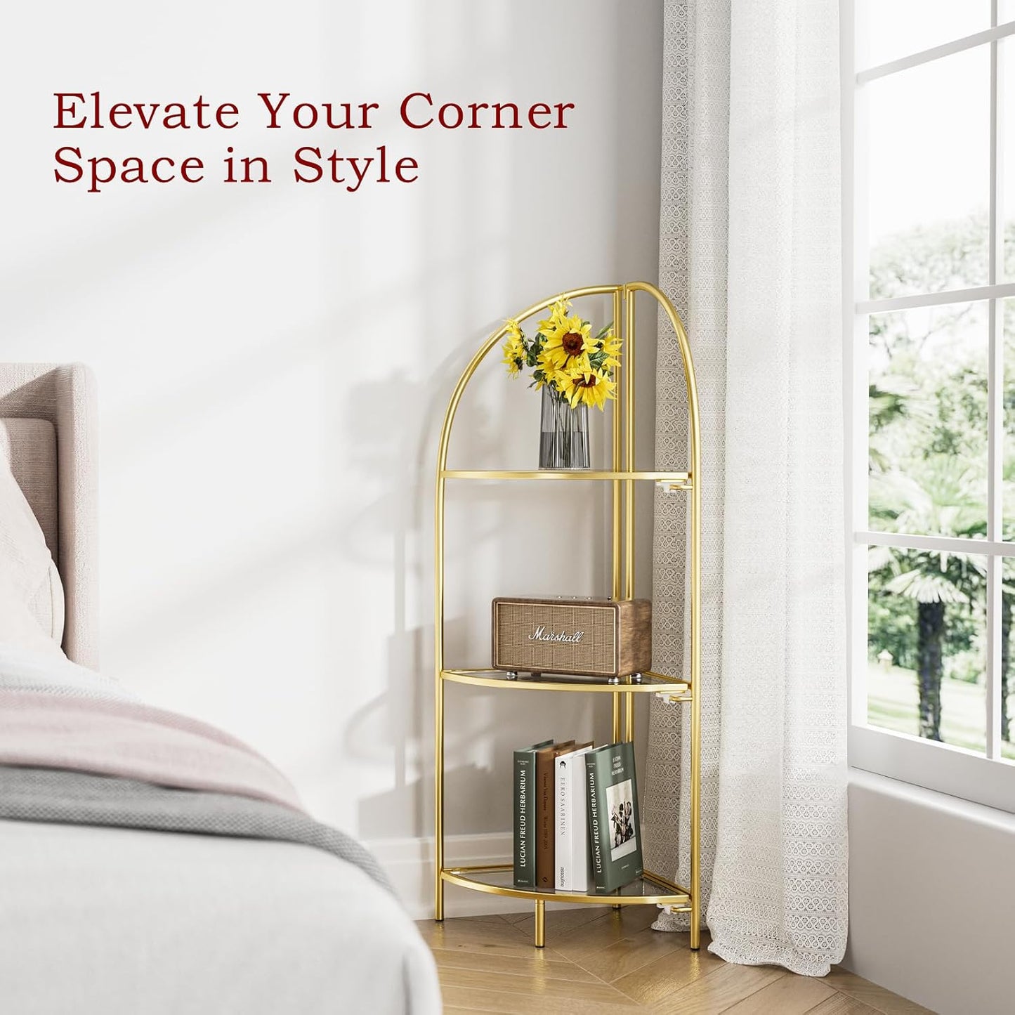 Crofy Foldable 3 Tier Corner Shelf, Metal Corner Plant Stand with Gold Frame and Transparent Shelves, Corner Display Rack Multipurpose Shelving Unit for Living Room, Bedroom, Bathroom