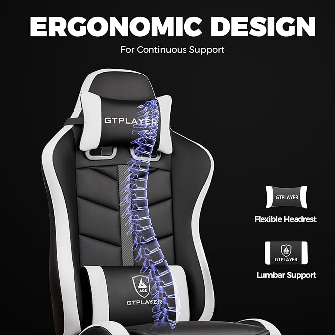 GTPLAYER Gaming Chair, Computer Gaming Chairs for Adults with Footrest, Height Adjustable PC Game Chair with 90-155° Recline & Removable Headrest Lumbar Support, Black-White
