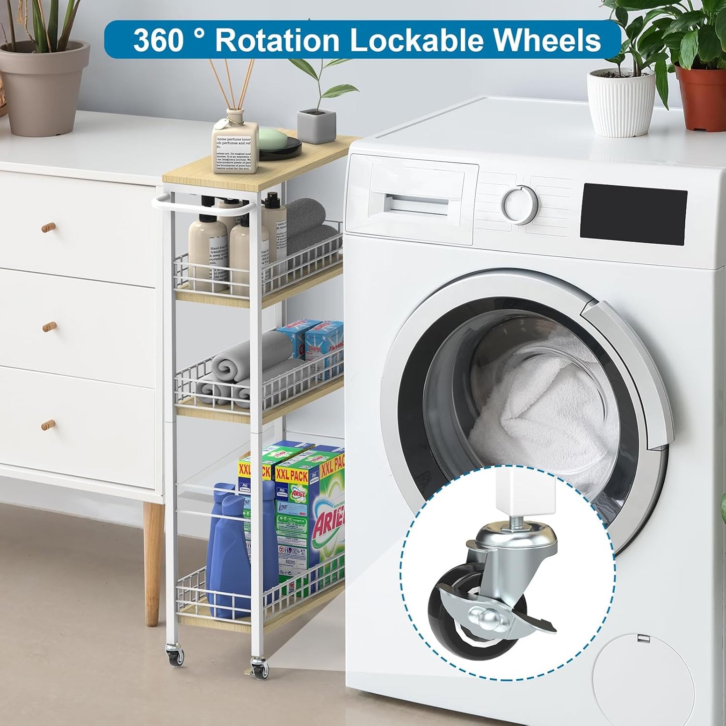 YBING Slim Storage Cart 4-Tier Rolling Kitchen Utility Cart White Narrow Laundry Storage Cart on Wheels and Wood Table Top Mobile Shelving Unit Organizer Trolley for Bathroom Small Space 7.3" W