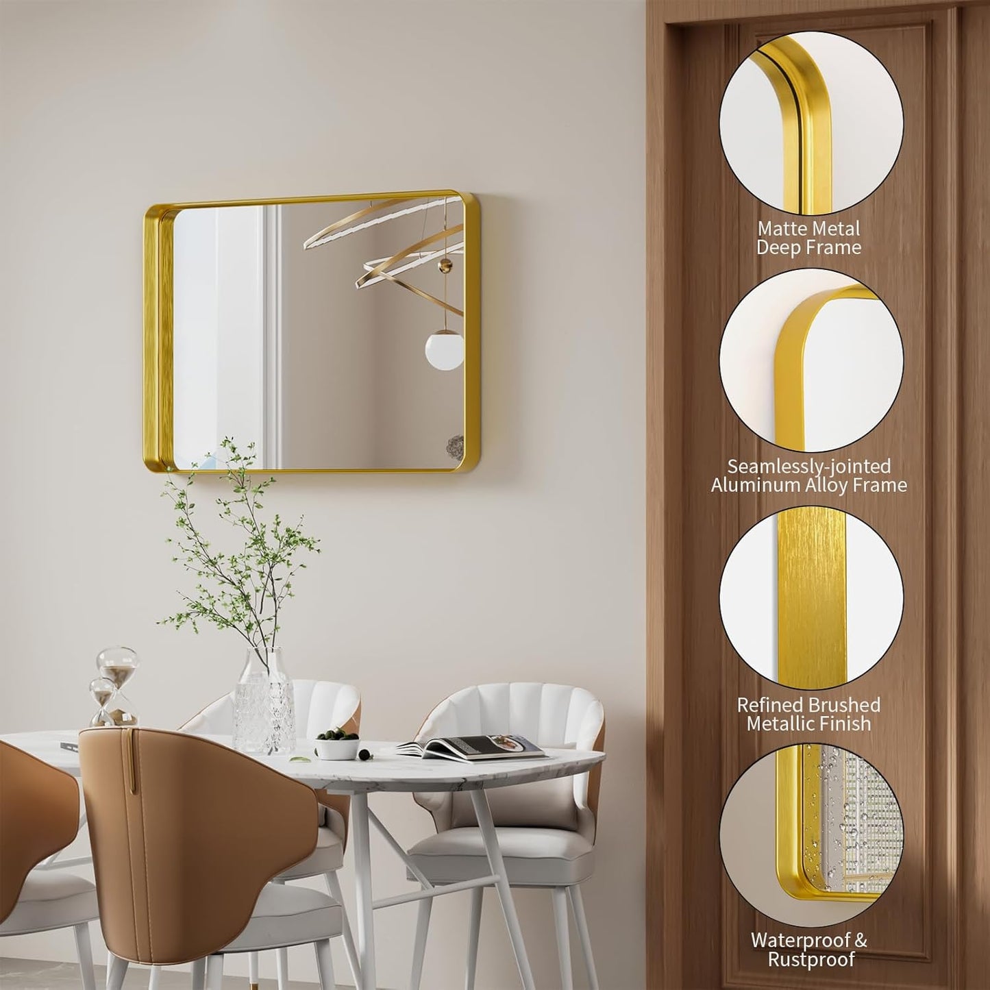 Koonmi Gold Bathroom Mirror for Wall, 22x30 Inch Matte Metal Deep Framed Rounded Corner Wall Mirror, Shatterproof Tempered Glass for Farmhouse Bedroom Entryway, Vertically or Horizontally