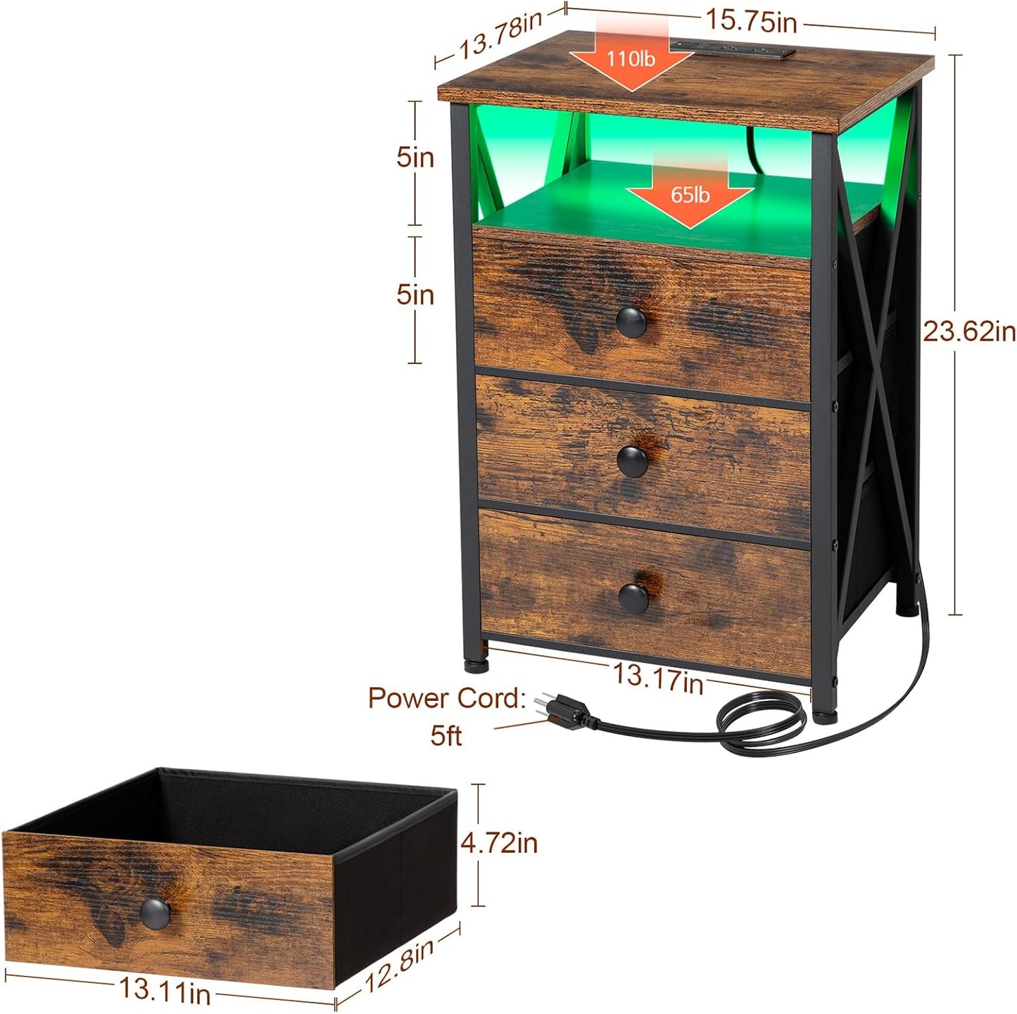 AMHANCIBLE Night Stand Set 2, LED Nightstand with Charging Station, End Side Tables with USB Port & Outlet, Bedside Tables with Fabric Drawers for Bedroom Living Room, Rustic Brown HET053LBR