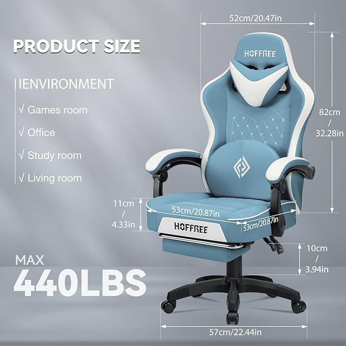 HOFFREE Gaming Chair with Speakers Massage Computer Gaming Chair with Pocket Spring Cushion for Adults Reclining Gamer Chair with Bluetooth Video Game Chairs with Footrest Stone Blue and White