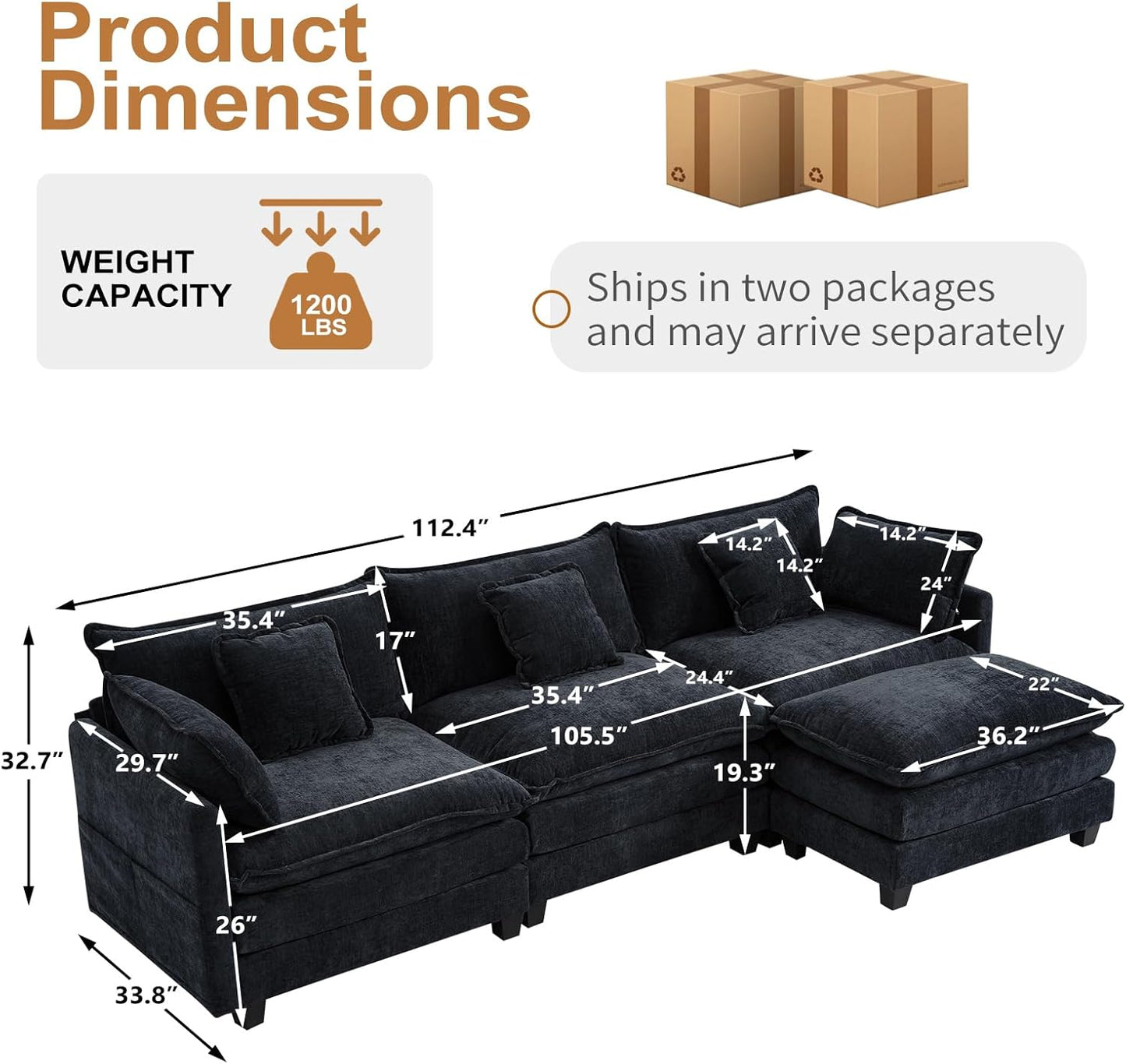 Furniliving 112‘’ L-Shaped Sofa, Luxury Chenille Modular Sectional Couches with Ottoman, Upholstered Deep Seat Sleeper Sofa with Memory Foam and Waist Pillows, Black