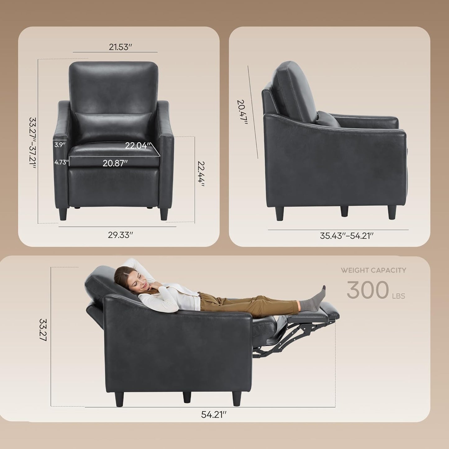 COLAMY Pushback Electric Recliner Chair, Premium Leather Upholstery with Adjustable Angles, Extra Lumbar Pillow, Built-in Charging Port, Business-Casual Style for Living Room（Black
