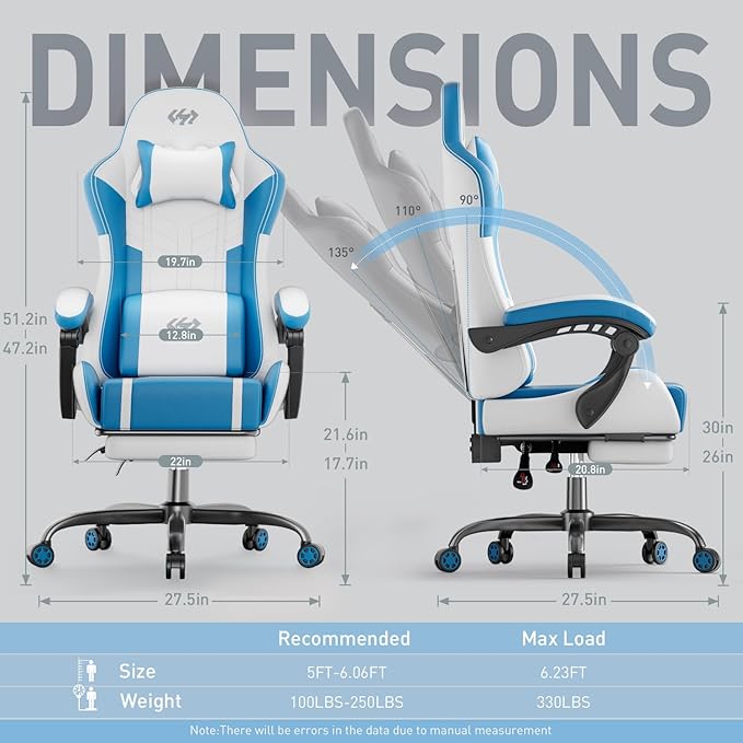 HLDIRECT Gaming Chair, Ergonomic Video Game Seat with 360° Swivel & Lumbar Massage, Computer Chair PU Leather Cushion for Adults Home/Office Use (Whtie & Blue)