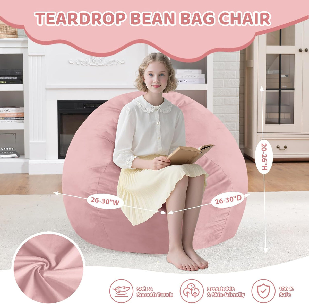 2FT Bean Bag Chair, Comfy Bean Bag Chairs with Memory Foam Filled, Fluffy Beanbag Sofa with Dutch Velvet Cover, Teardrop BeanBag Chairs for Living Room, Playroom - Light Pink