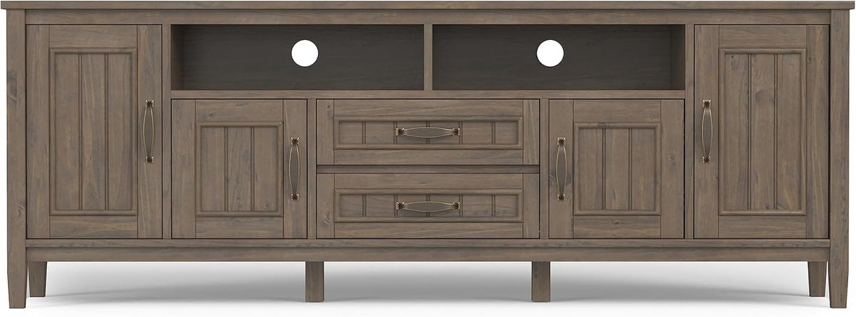 SIMPLIHOME Lev SOLID WOOD 72 Inch Wide Contemporary TV Media Stand in Smoky Brown for TVs up to 80 Inches, For the Living Room and Entertainment Center