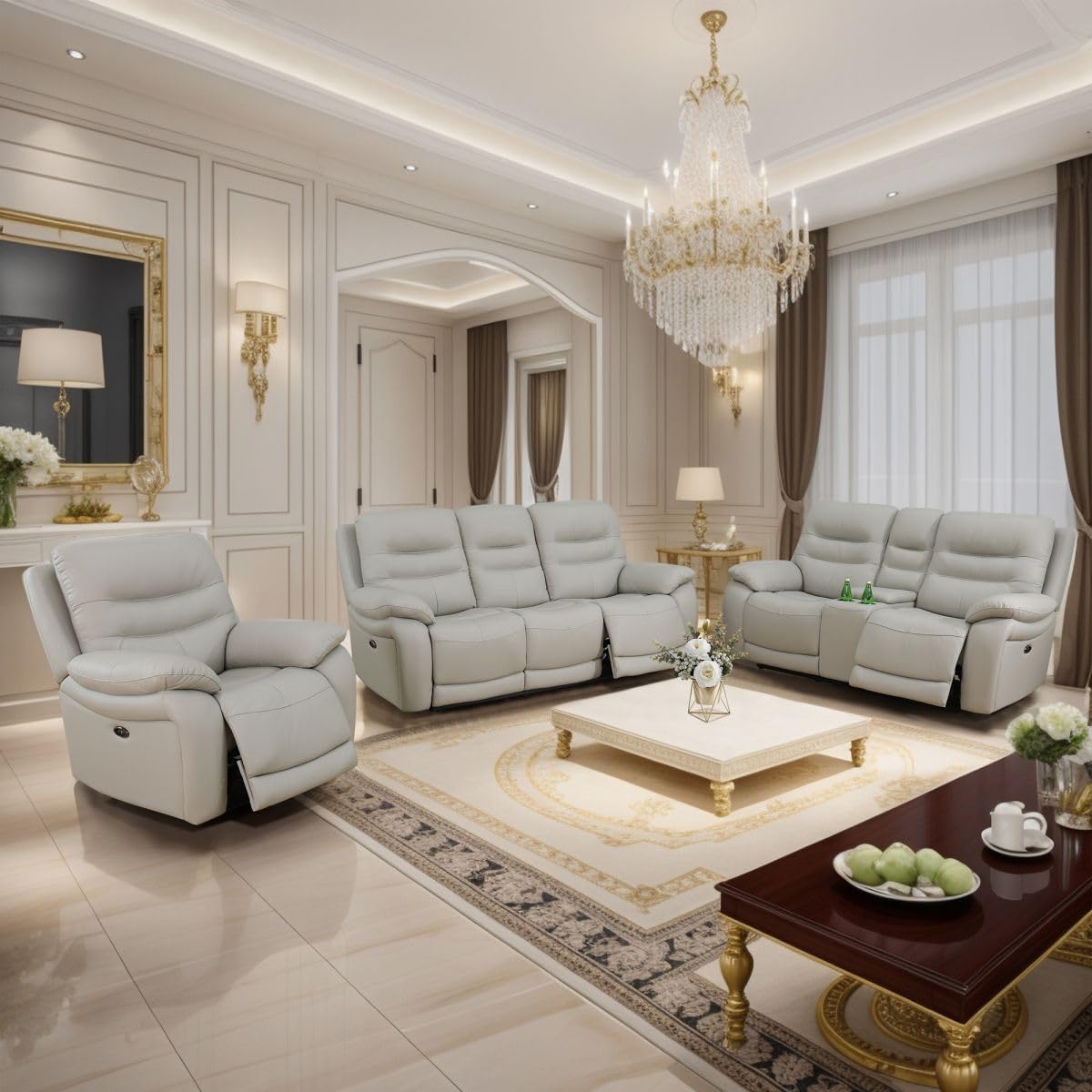 Electric Power Reclining Sofa Set, Genuine Breathing Leather Recliner Couch Set, Comfy Wide Lazy 3 Pieces Top Grain Leather Sofa with Built in USB Port for Living Room (Grey, 3-Piece)