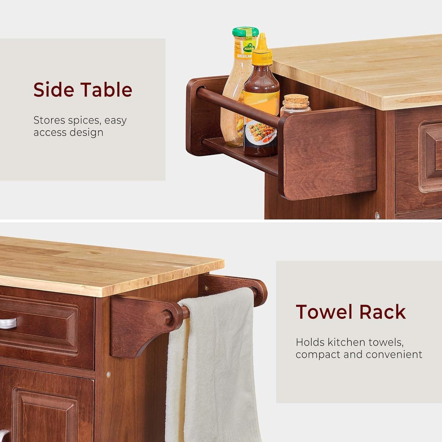 Walnut 54" Rolling Kitchen Island on Wheels, Large Kitchen Cart with Storage Cabinet, Portable Wood Island Table with 2 Drawers and Spice Rack & Towel Rack, Brown