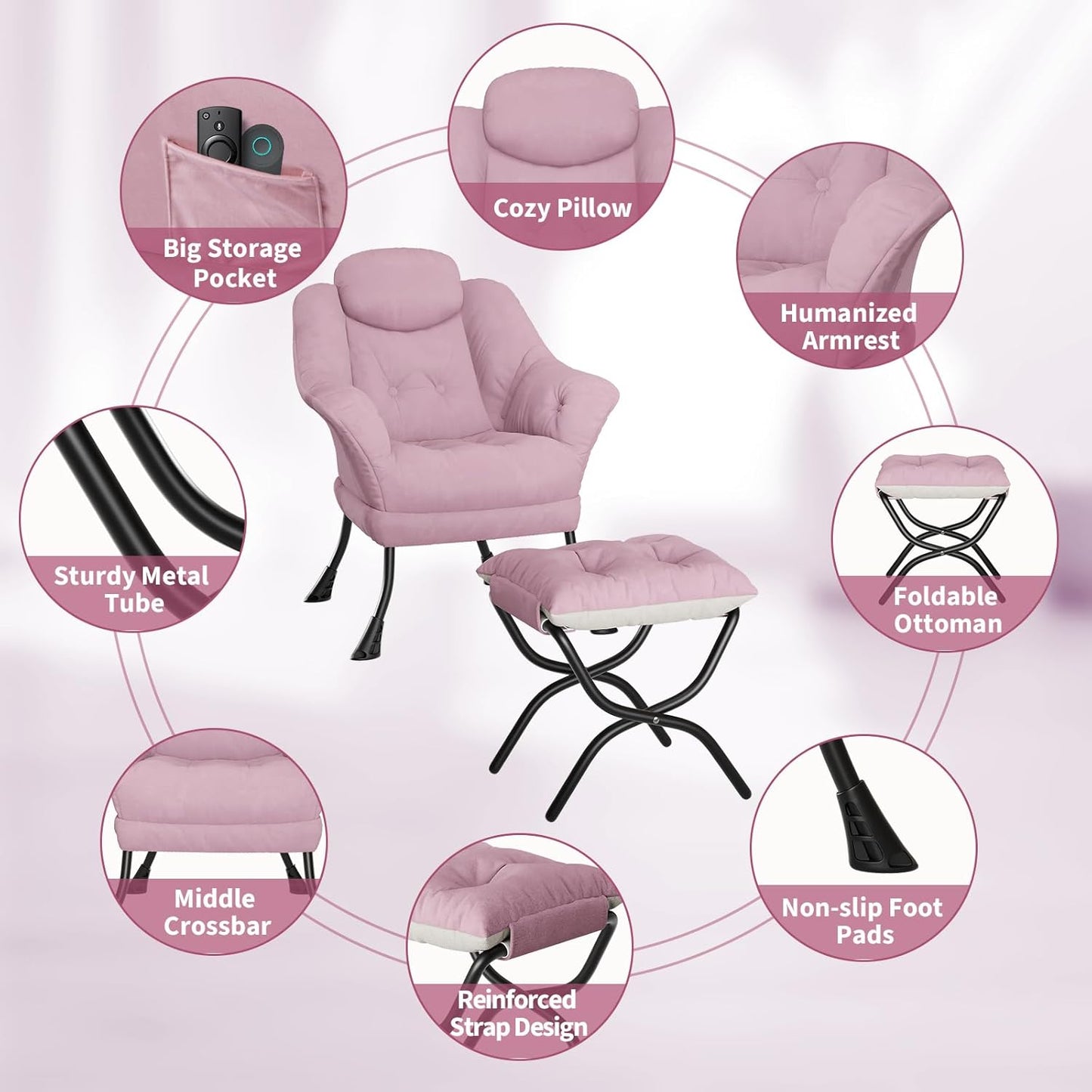 IDEALHOUSE Lazy Chair with Ottoman - Modern Living Room Chairs for Small Spaces, Ergonomic Reading Chair with Armrests, Comfy Chair with Ottoman for Bedroom & Living Room, Pink
