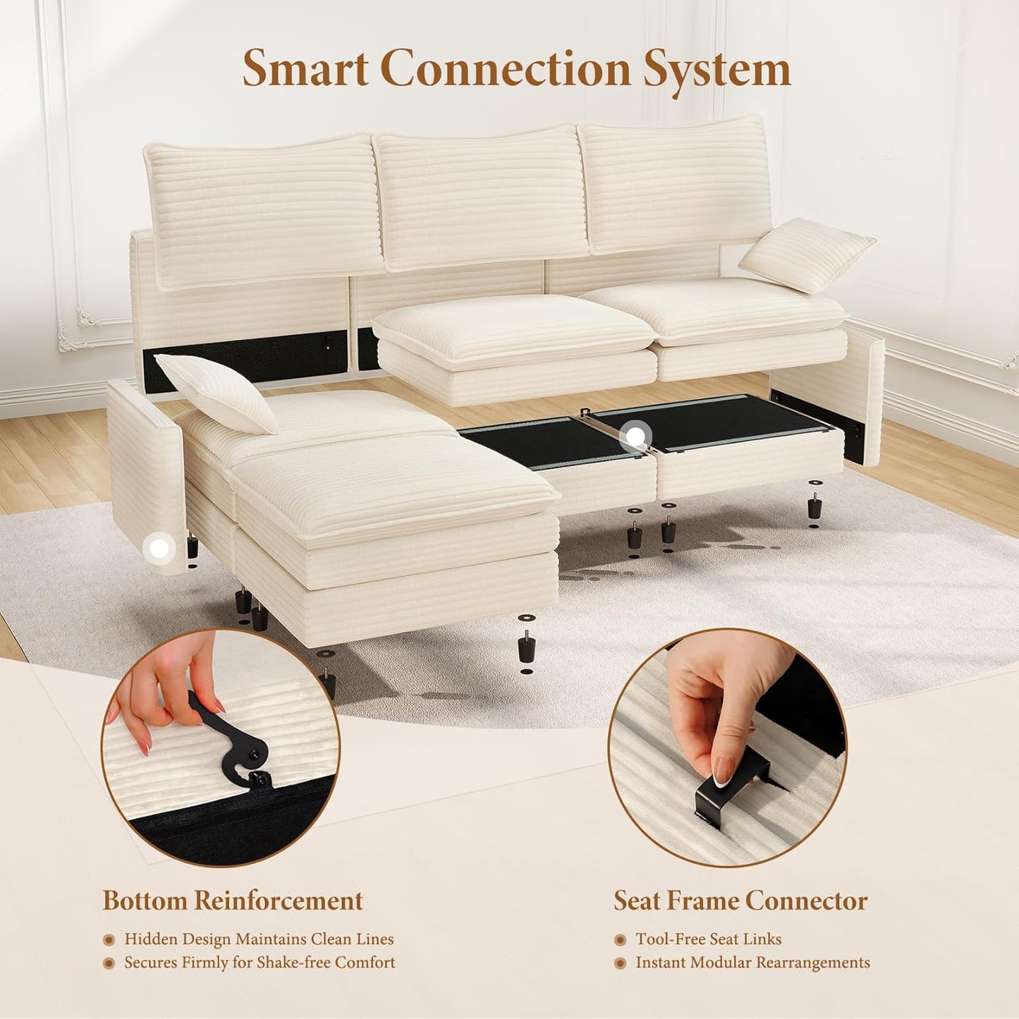 Vesgantti Large Modular Sectional Sofa, Big Comfy Cloud Couch with Ottoman Deep Seat Corduroy Cloud Sofa, 9 Seater Large Sectional Couches for Living Room, Bedroom and Apartment, Beige