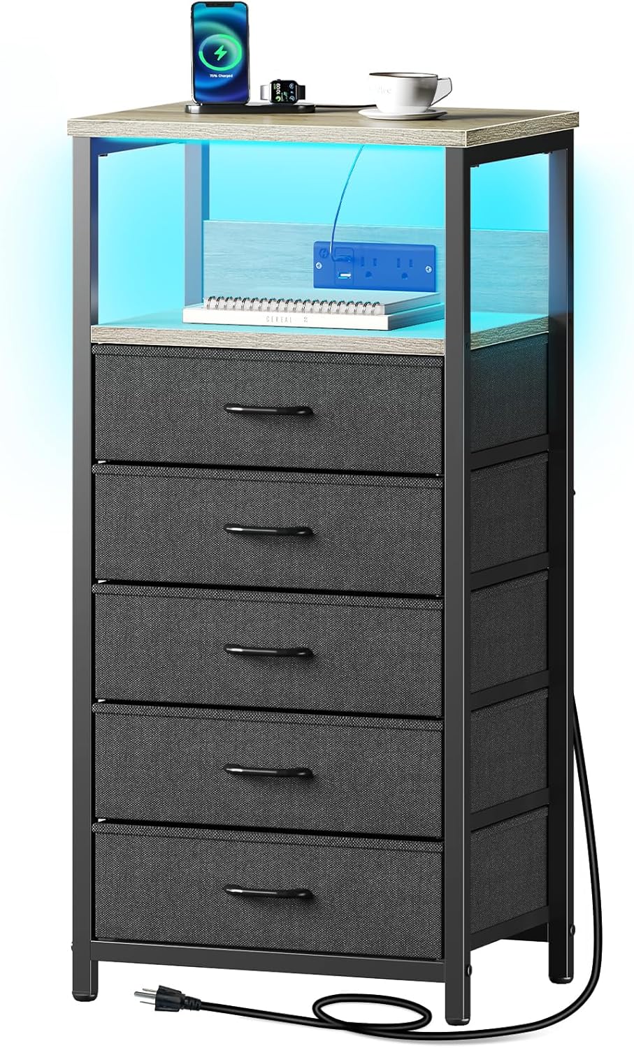 Seventable Night Stand with Charging Station, Tall Nightstand with 5 Fabric Storage Drawers, Side Table with LED Light for Bedroom, Entryway, Greige