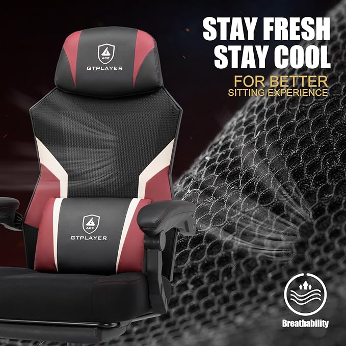 GTPLAYER Gaming Chair, Mesh Office Chairs with Footrest for Adults, Big and Tall Gamer Ergonomic Computer Chair with Height Adjustable (Red)