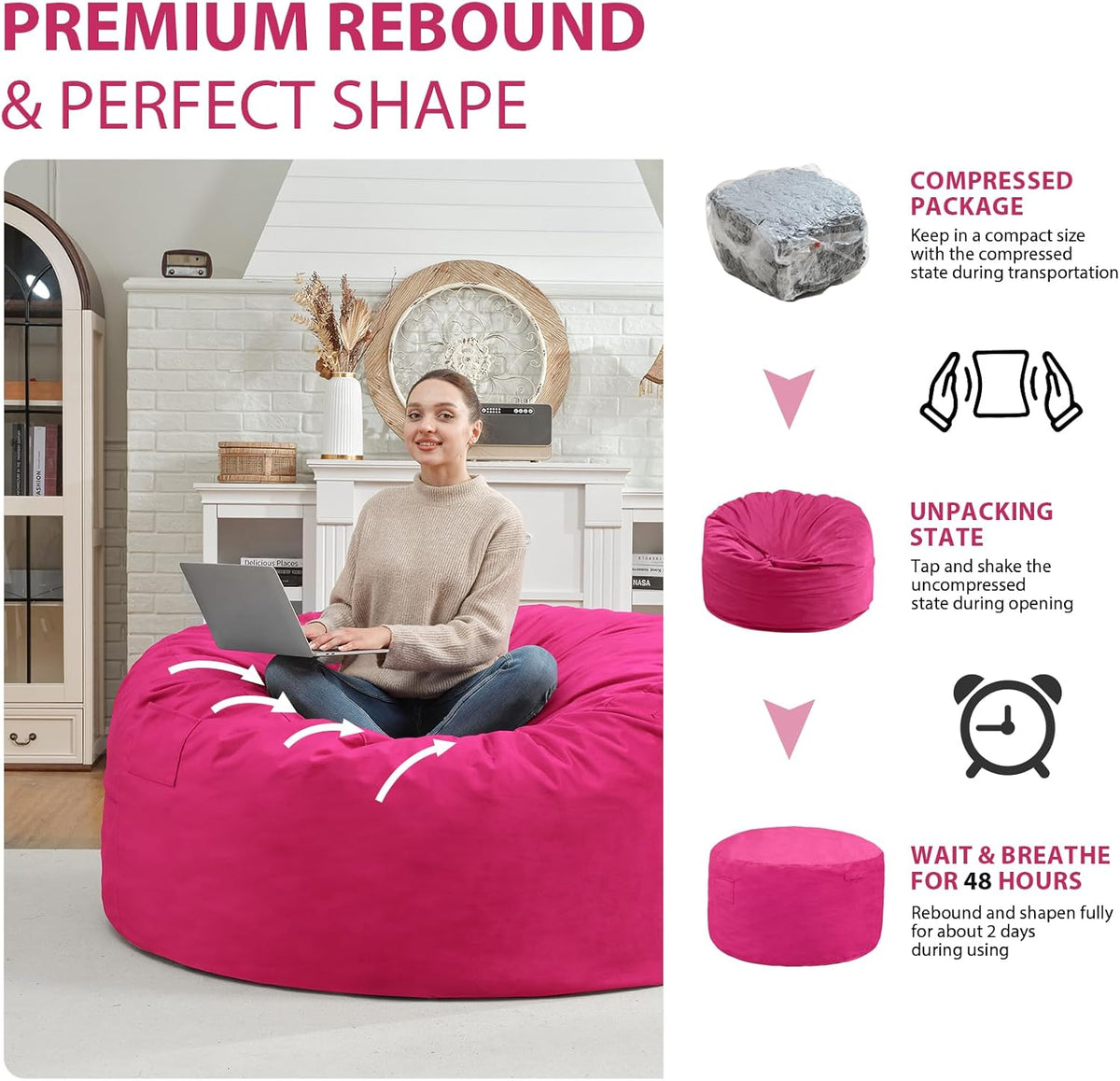 3FT Bean Bag Chair, Comfy Bean Bag Chairs with Memory Foam Filled, Fluffy Beanbag Sofa with Dutch Velvet Cover, Round BeanBag Chairs for Living Room, Playroom - Pink