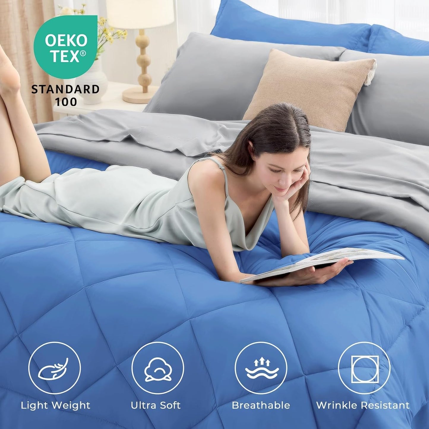 HEVUMYI Royal Blue & Light Grey Full Comforter Set - 7-Piece All Season Bed in a Bag Full, Ultra Soft Bedding Set with Comforter, Flat Sheet, Fitted Sheet, Pillowcases, Pillow Shams, Royal Blue