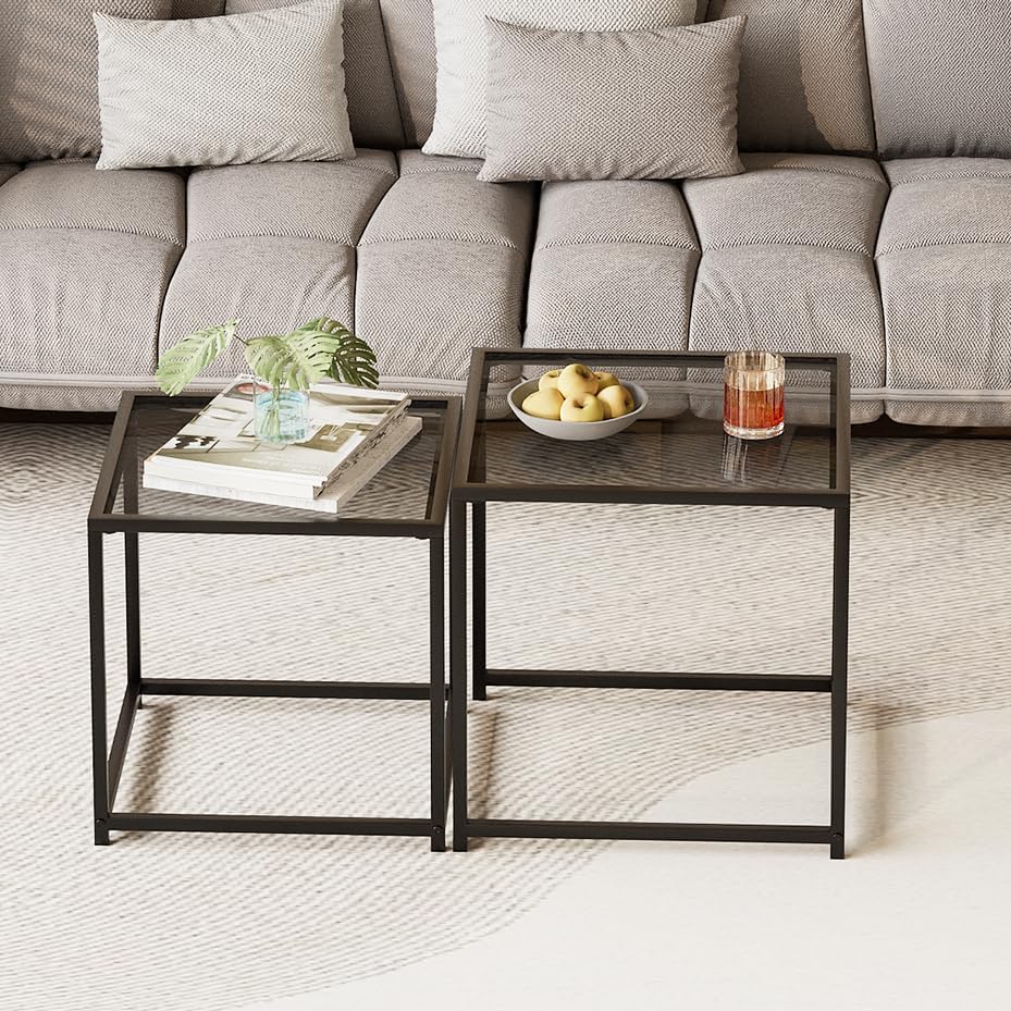 Garden 4 you Coffee Table Set of 2, Modern Glass Nesting Table, Metal Frame Square Center Table Set, Side Tables, Nesting Coffee Table for Living Room, Bedroom and Small Spaces, 19.7in Grey