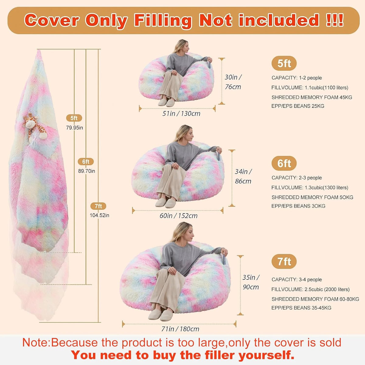7FT Giant Fur Bean Bag Chair Cover, Ultra Soft Rainbow Bean Bag Chairs for Adults (No Filler, Cover only), Big Round Soft Fluffy Faux Fur Bean Bag Lazy Sofa Bed Cover, Washable Big Size Bean Bag Cover