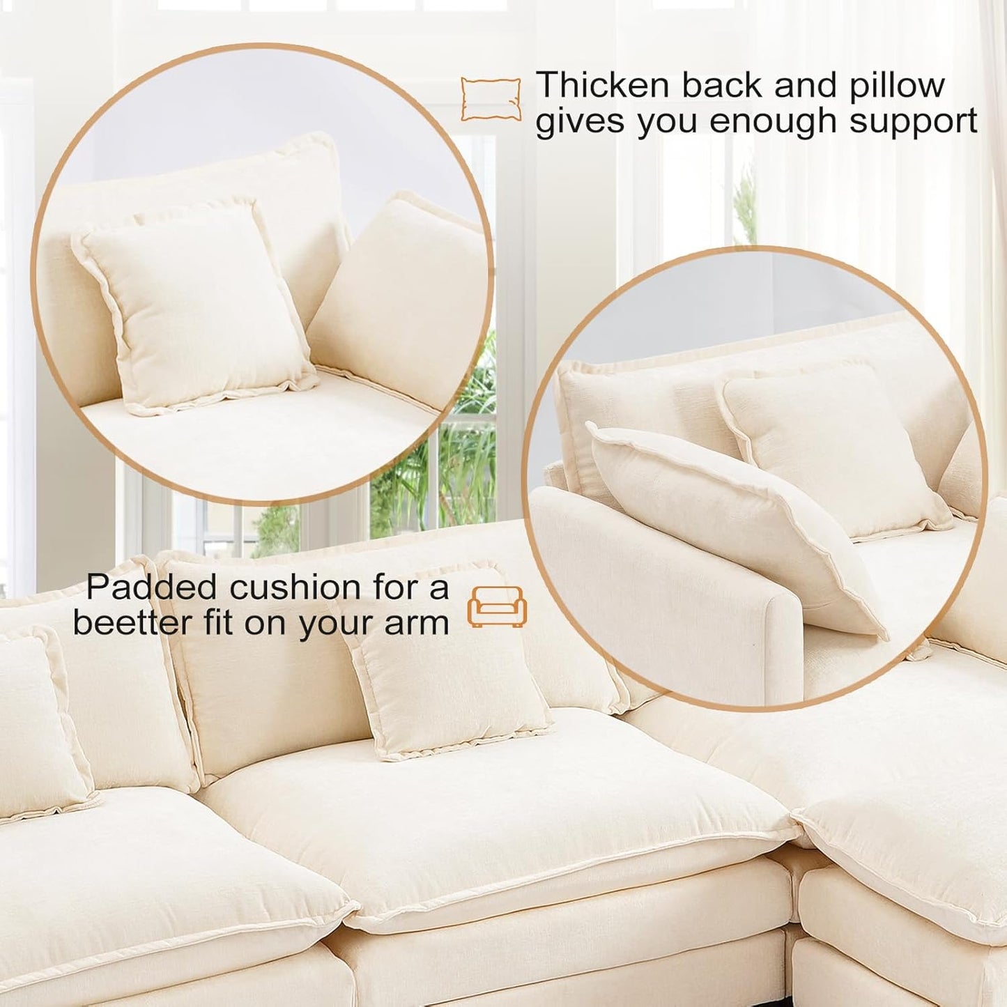 Furniliving 112‘’ L-Shaped Sofa, Luxury Chenille Modular Sectional Couches with Ottoman, Upholstered Deep Seat Sleeper Sofa with Memory Foam and Waist Pillows, Beige