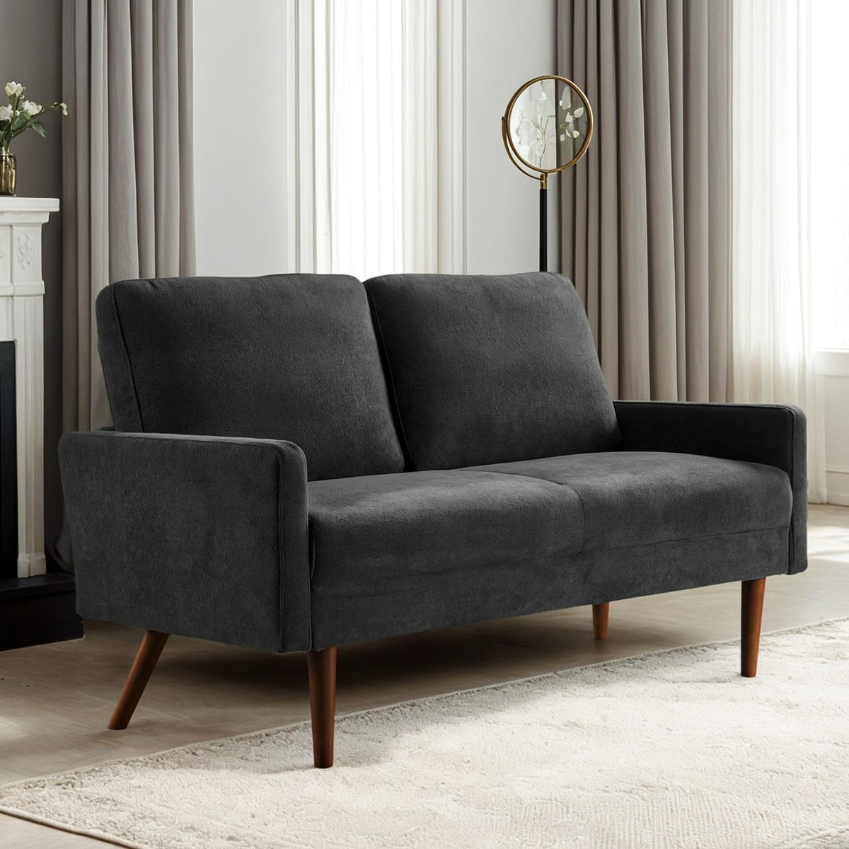 Kent Velvet Loveseat Sofa, European Style with Sleek Design, Modern & Vintage Flair, Upholstered 2 Seater Couch, Chic Living Room Furniture Seating for Home, Apartment or Office, Black