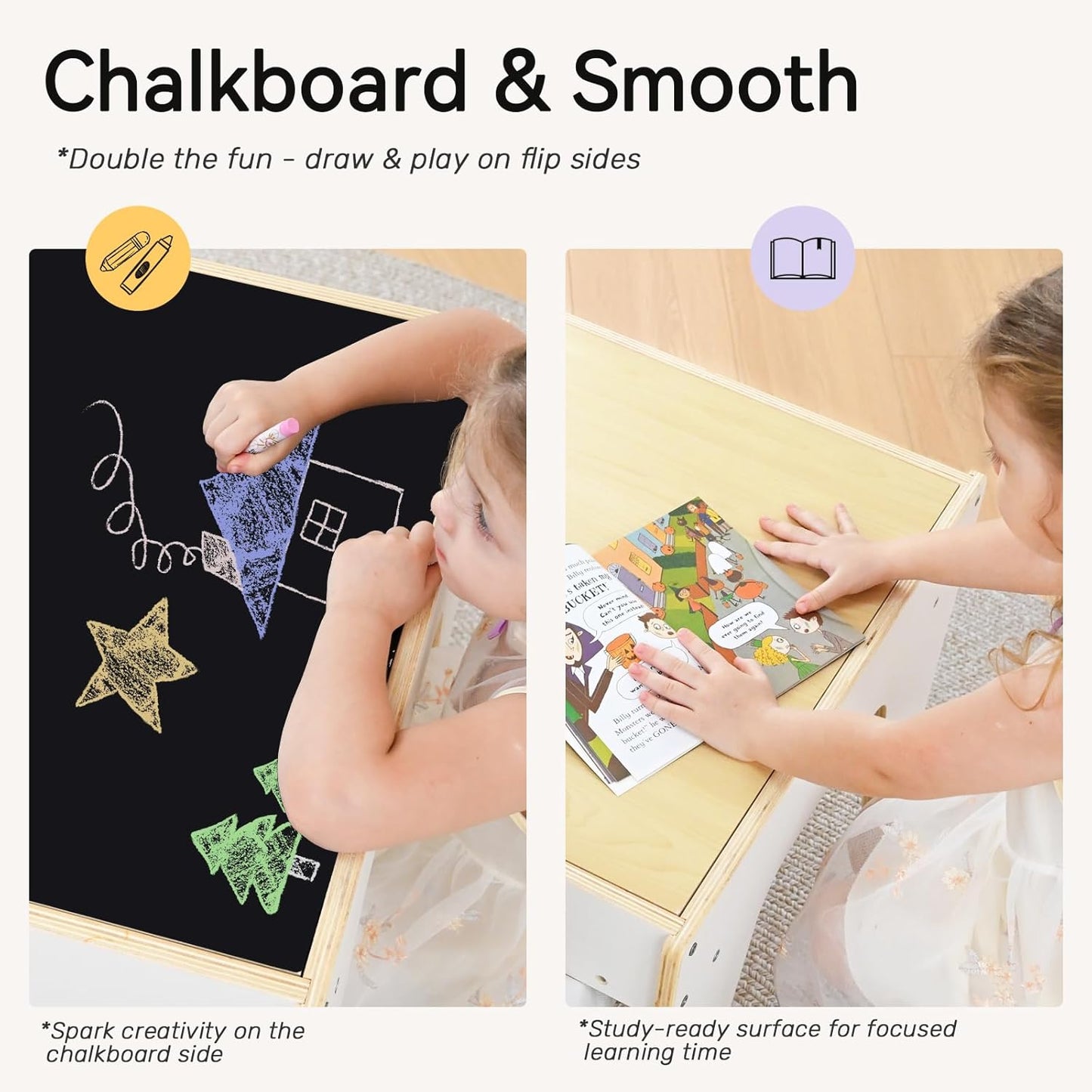 wingyz 4-in-1 Toddler Table and Chairs Set, Kids Play Tables with Storage, Wooden Sensory Tables with Dual-Sided Blocking Baseplate, Baby Activity Table with Chalkboard