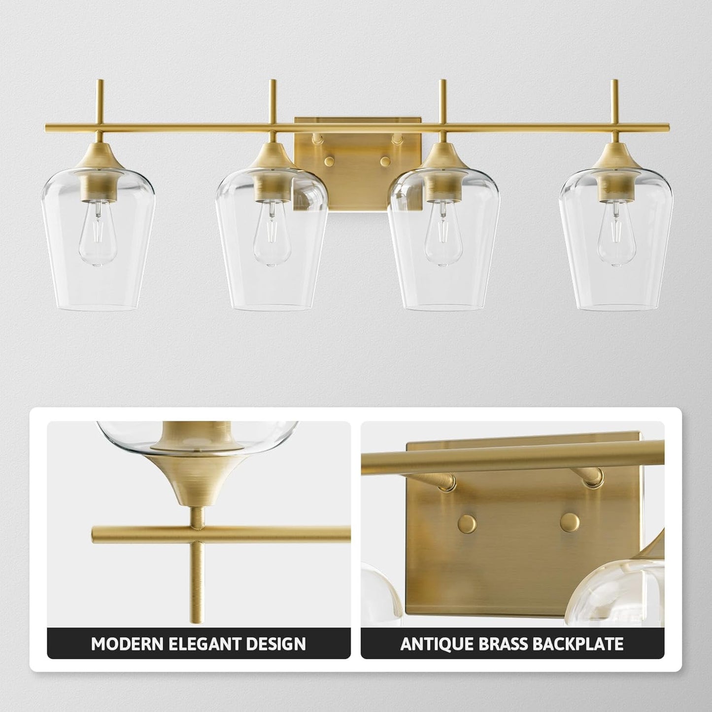 VONLUCE Bathroom Vanity Light, 4 Light Bathroom Light Fixture Over Mirror, Bathroom Wall Lamp with Clear Glass, Modern Gold Vanity Lighting fixtures for Bathroom, Bedroom, Hallway