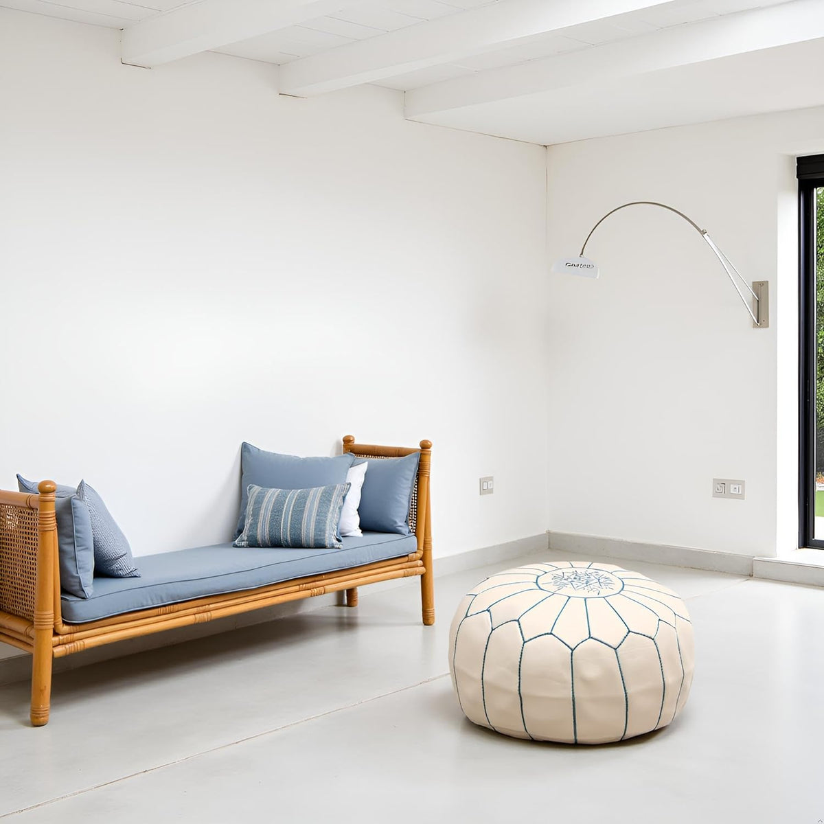 Stuffed Round Design Moroccan Leather Pouf Ottoman, Handmade, Pre-Filled, 100% Genuine Leather, 13” Height x 20” Diameter, Footstool & Living Room Décor (White with Blue Stitches)