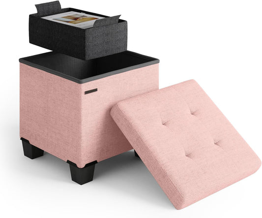 STORAGEBUD Storage Ottoman Cube with Small Bin, 16-in Square Ottoman with Storage for Living Room and Bedroom, Small Ottomans Foot Rest, Fabric Foot Stools Ottomans Max 330lbs, Pink