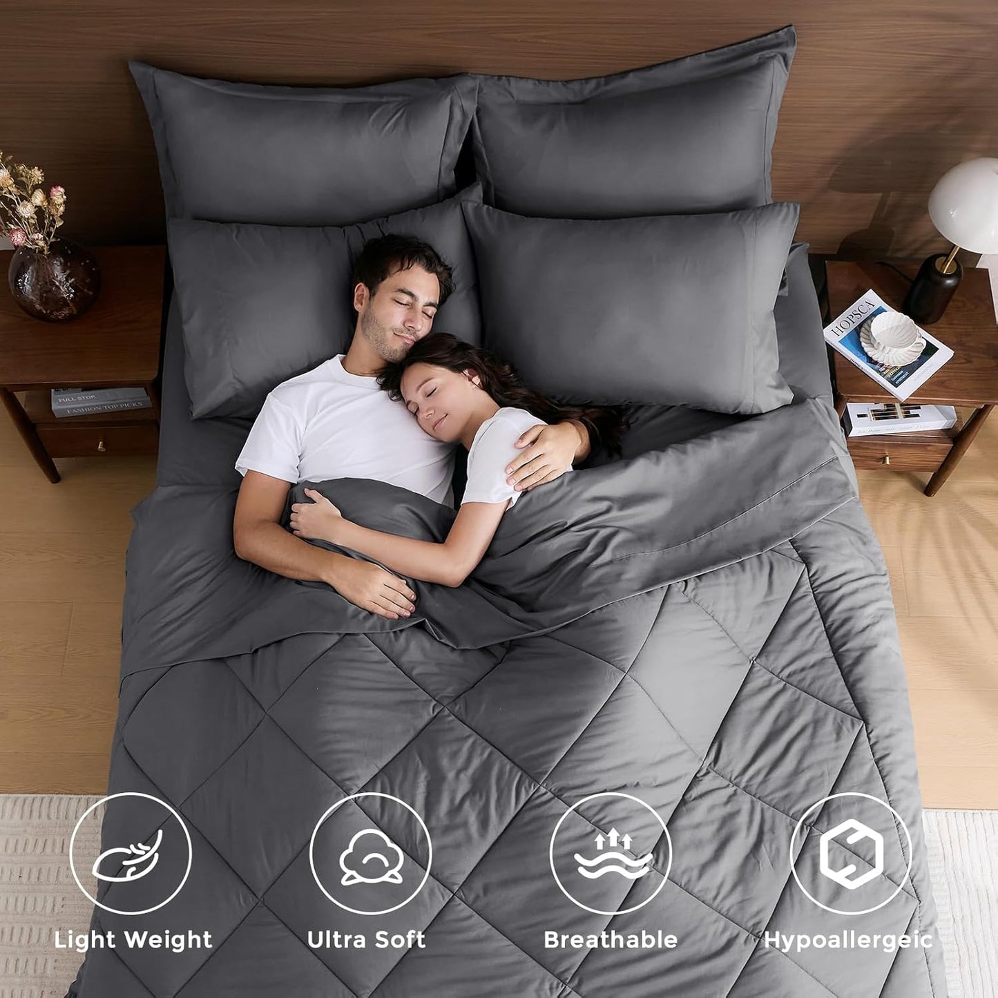 HEVUMYI California King Comforter Set - 7-Piece All Season Bed in a Bag Cali-King, Ultra Soft Bedding Set with Comforter, Flat Sheet, Fitted Sheet, Pillowcases, Pillow Shams, Dark Grey