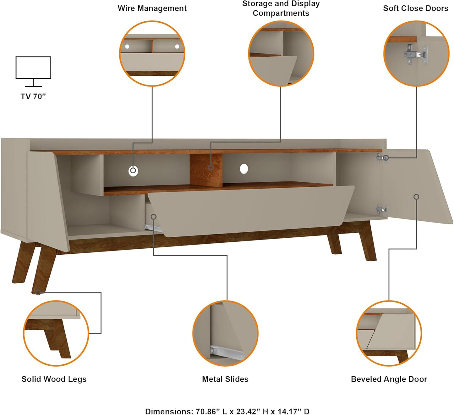 Manhattan Comfort Marcus Mid Century Modern 70 Inch TV Stand with Drawers, Cable Management, 4 Shelves and Soft Close Doors, Entertainment Center and Media Console for Living Room, Off White