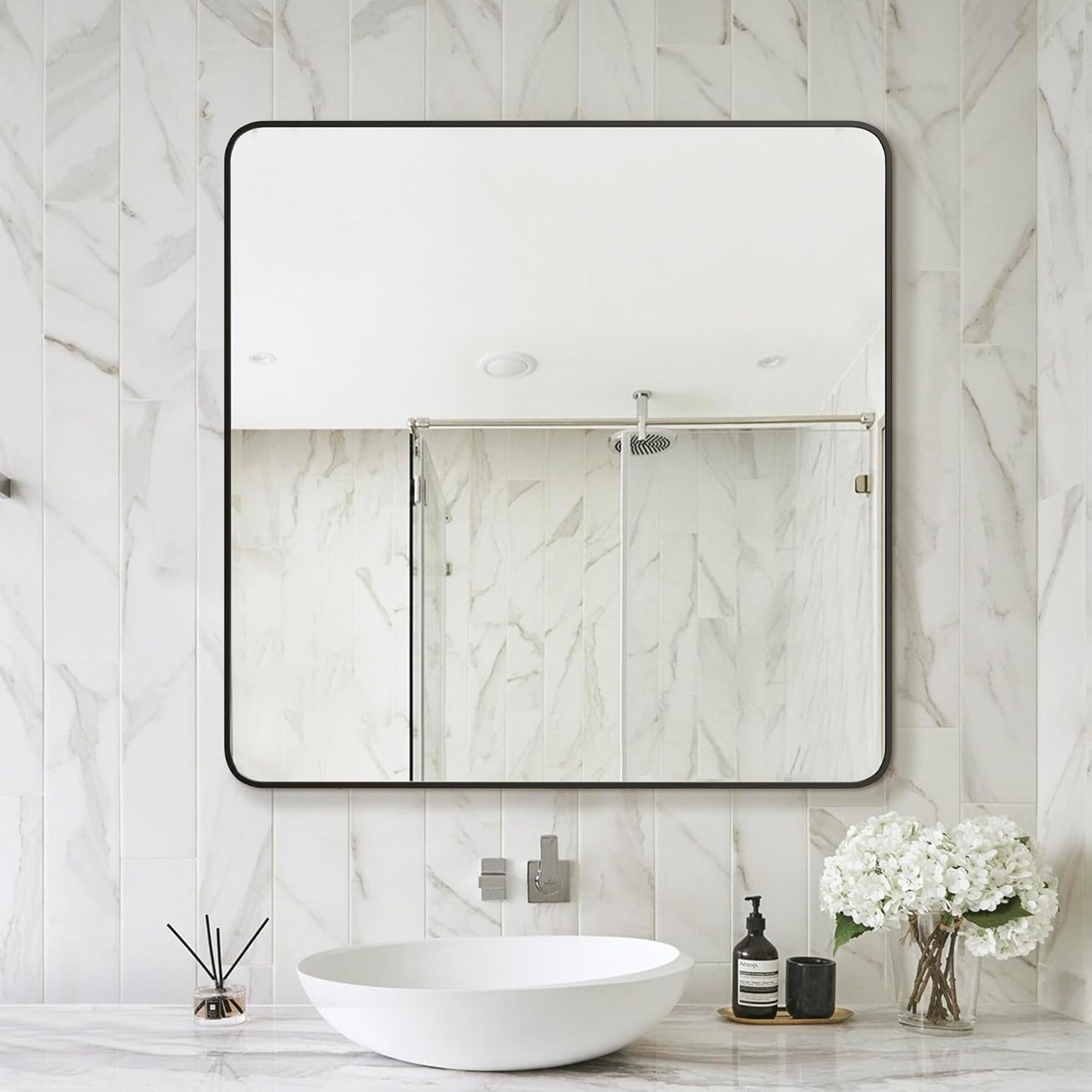 Delma Bathroom Vanity Mirror, Black Framed Bathroom Mirror for Over Sink, High-Definition Bathroom Mirror, Versatile Bathroom Vanity Mirror, Hangs Horizontally or Vertically(30x30, Black)