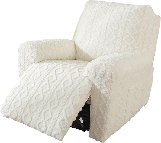 vctops 4 Pieces Geometric Jacquard Plush Recliner Slipcovers Soft Fuzzy Fluffy Sofa Couch Cover Anti-Slip Furniture Protector with Elastic Bottom for Kids Cats Dogs(Cream,1 Seat)