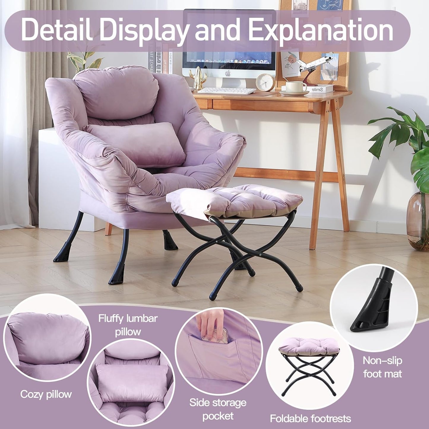 Lazy Chair with Ottoman, Modern Accent Chair with Lumbar Pillow, Comfy Chairs with Folding Footrest for Bedroom, Reading, Oversized Supportive Lounge Chairs(Velvet Light Purple)