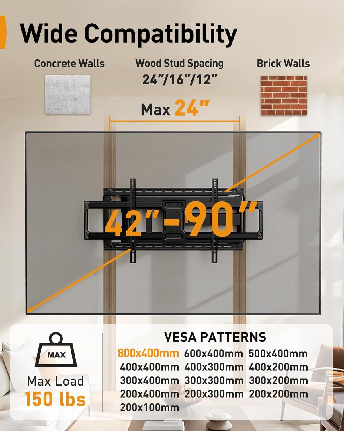 Perlegear Long Arm Full Motion TV Wall Mount for 42–90 Inch TVs up to 150 lbs, 40″ Long Extension, Pre-Assembled Corner TV Mount with Full Swivel, Tilt, Fits 8″/12″/16″/24″ Studs, Max VESA 800x400mm