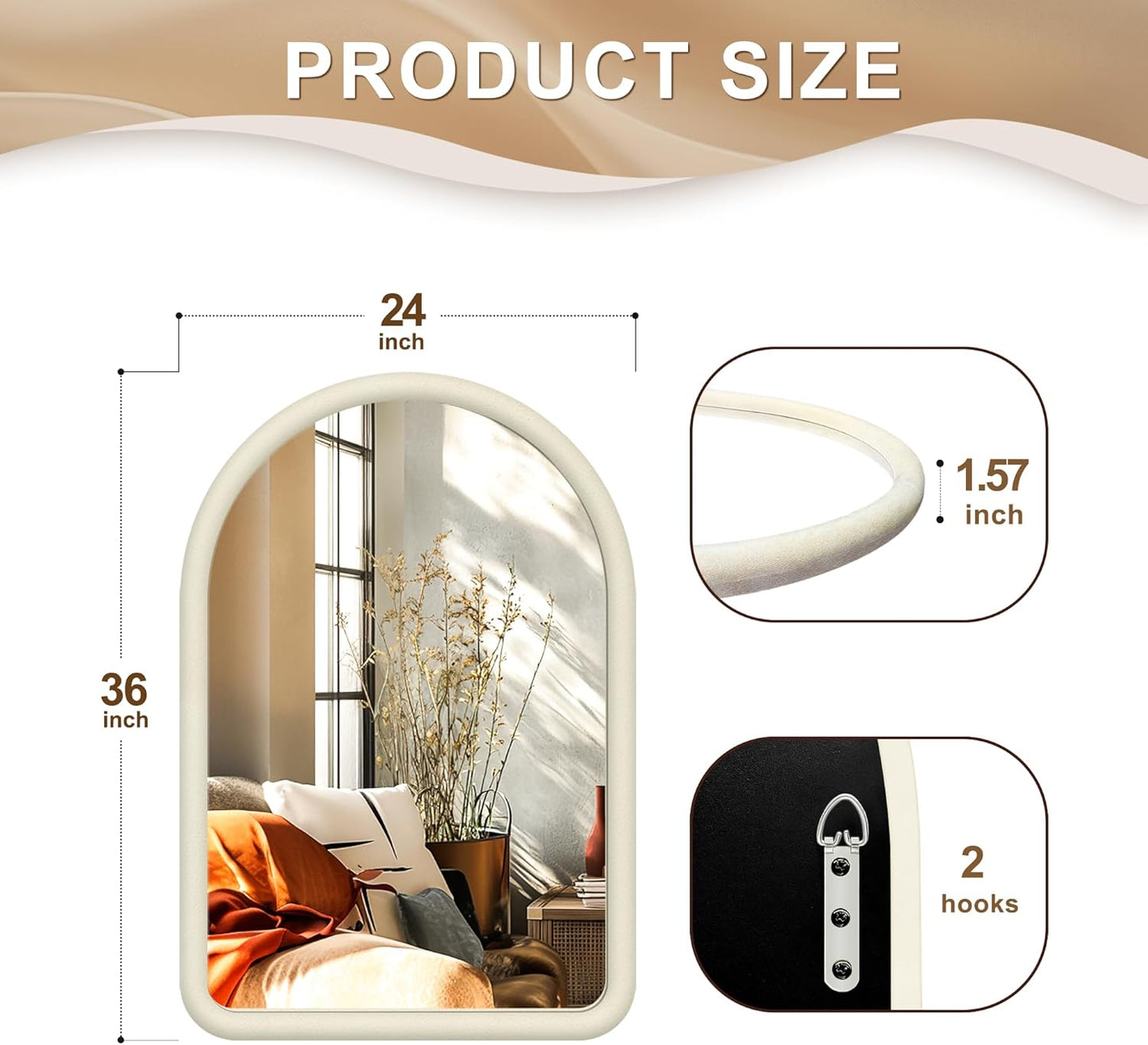 36"x24" Arched Bathroom Mirror, Wall Mounted Vanity Velvet Frame Mirror for Bedroom, Entryway, Living Room, Cream White