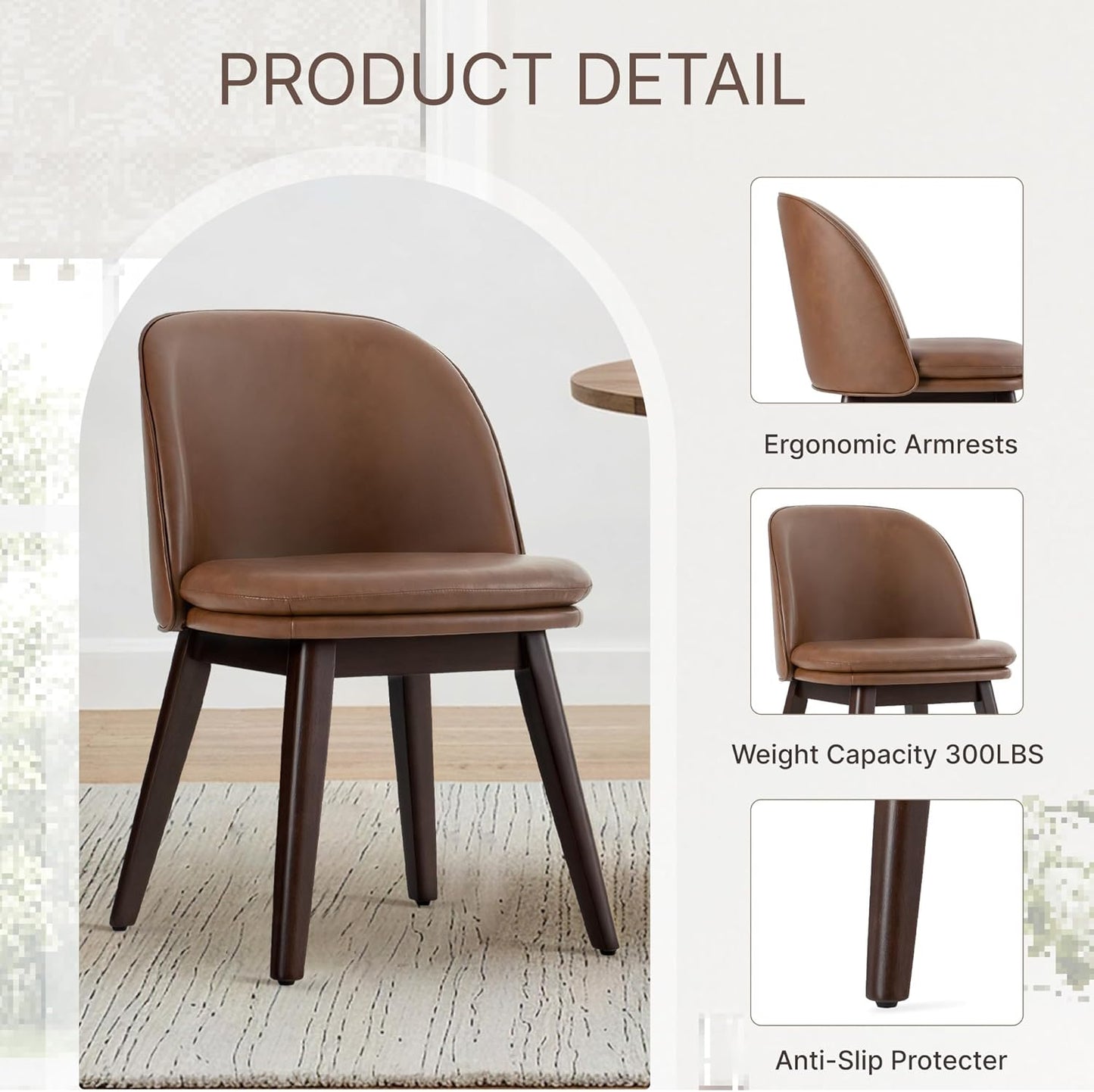 Wooden Dining Chairs Set of 4, Faux Leather Upholstered Modern Dining Room Chairs with Double-Layer Thick Seat Cushion & Ergonomic Backrest for Restaurant, Kitchen and Café, Brown, 2 Boxs