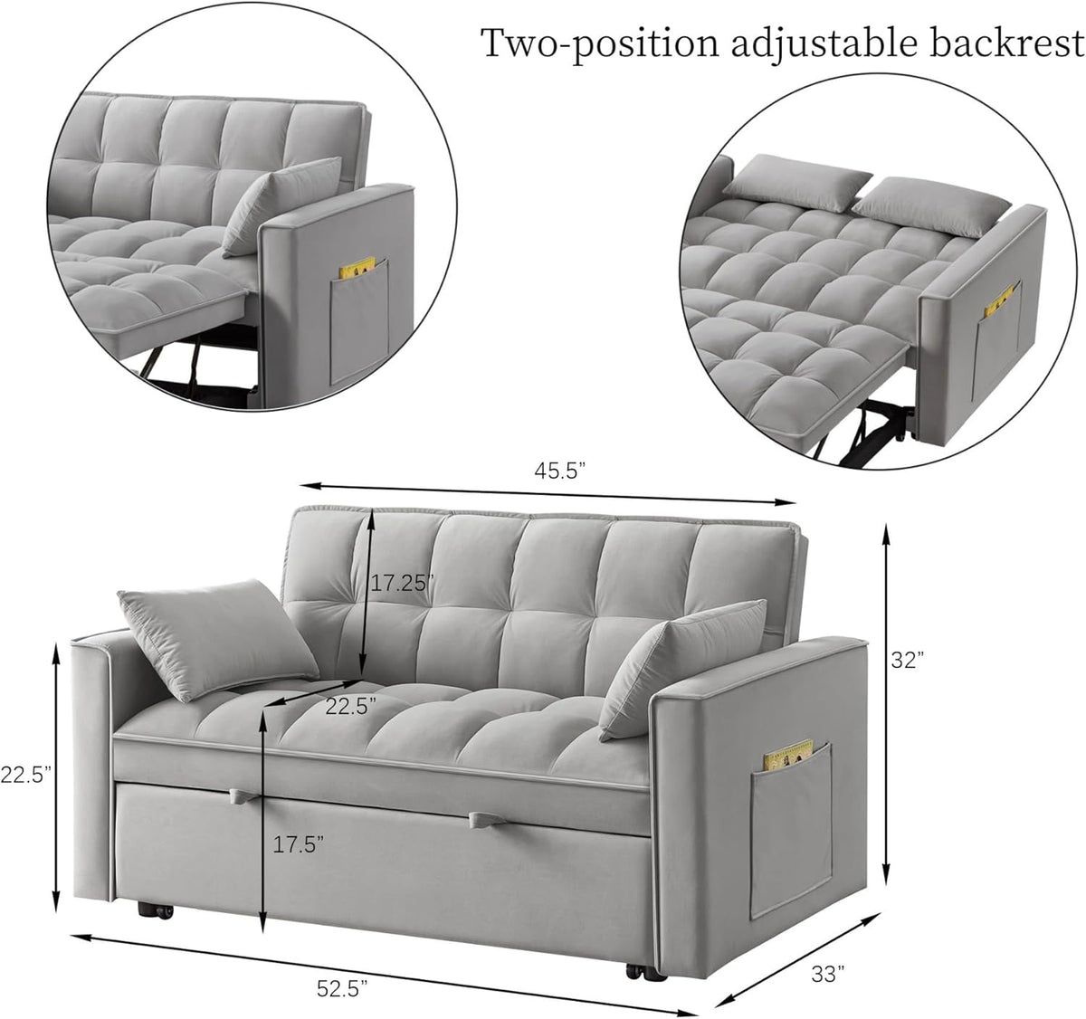 KEIKI Velvet Loveseat Convertible Sofa Bed Sleeper Chair with Adjustable Backrest, Pillows & Storage Pockets, 3 in 1 Pull-Out Couch Chaise Lounge Recliner for Living Room Balcony Bedroom, Grey