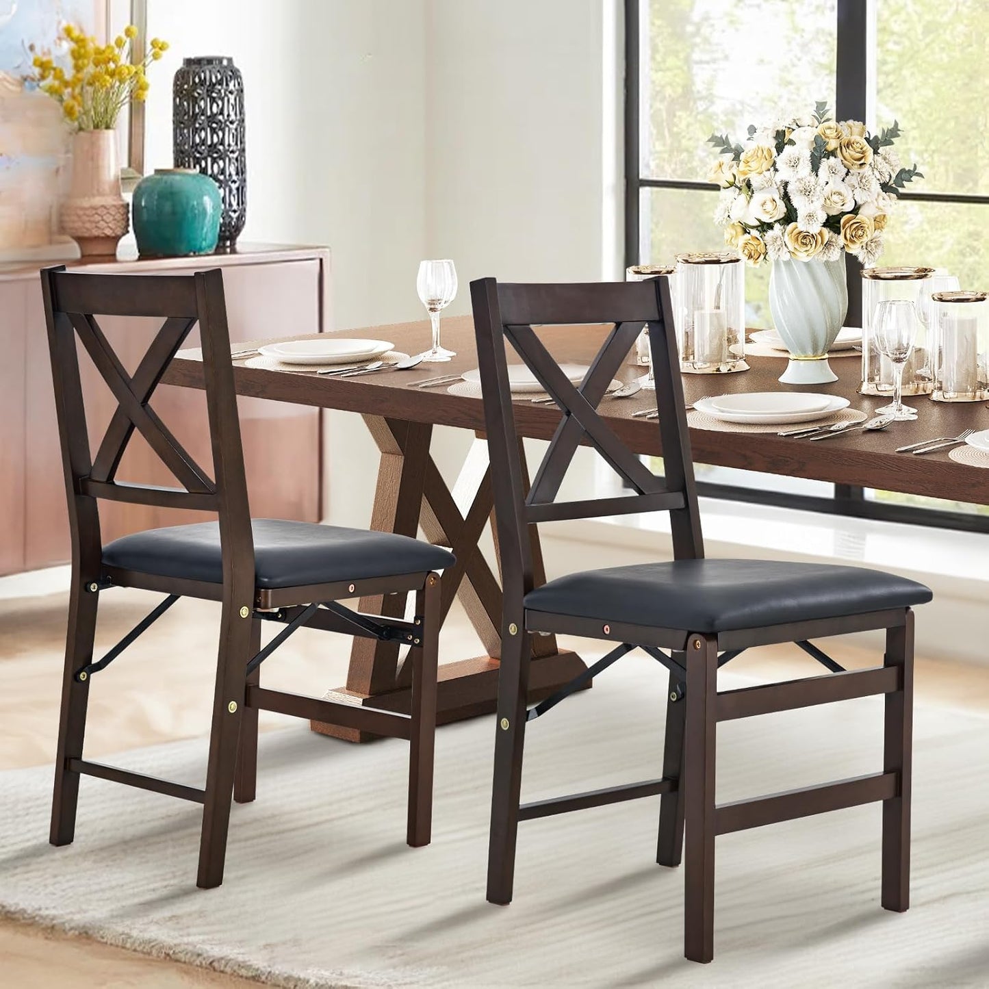 COLAMY Folding Dining Chairs Set of 2 – Dark Brown Wooden Dining Room Chairs, Pre-Assembled, Space Saving Kitchen & Dining Room Furniture, Mid Century Rustic Style, Indoor Outdoor Use
