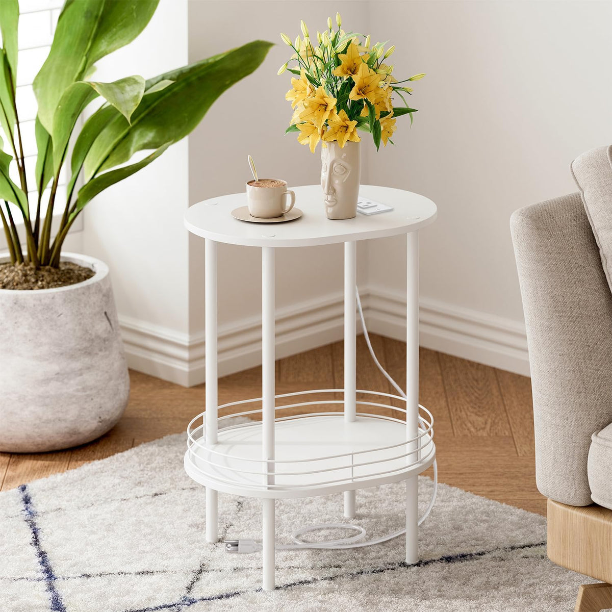 Small Round Side Table with Charging Station,Bedside Table with 2 USB Ports and Outlets, Morden Round Nightstand, Samll Side Table for Living Room,Bedroom, Nursery, Laundry, White