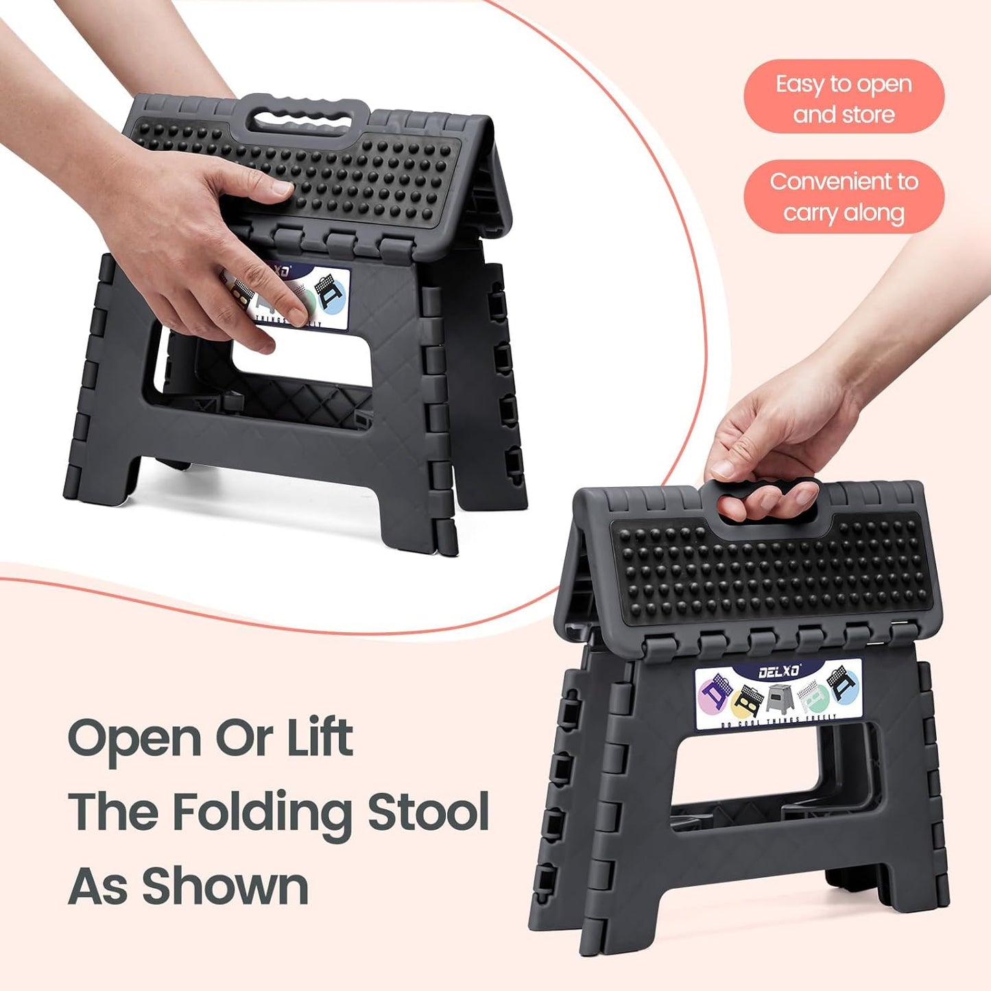 Delxo Folding Step Stool 9 Inch,Non-Slip Foldable Stools Up to 300 LBS,Kitchen Collapsible Fold Up Stepping Stool with Dotted 1 Pack,Gray