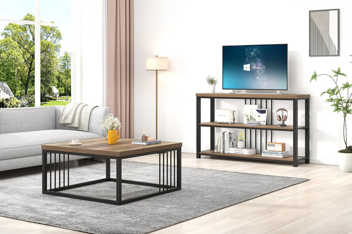 FOLUBAN Coffee Table, Modern Square Center Table for Living Room, Industrial Rustic Wood and Metal Cocktail Tea Table, 31.5 Inch, Oak