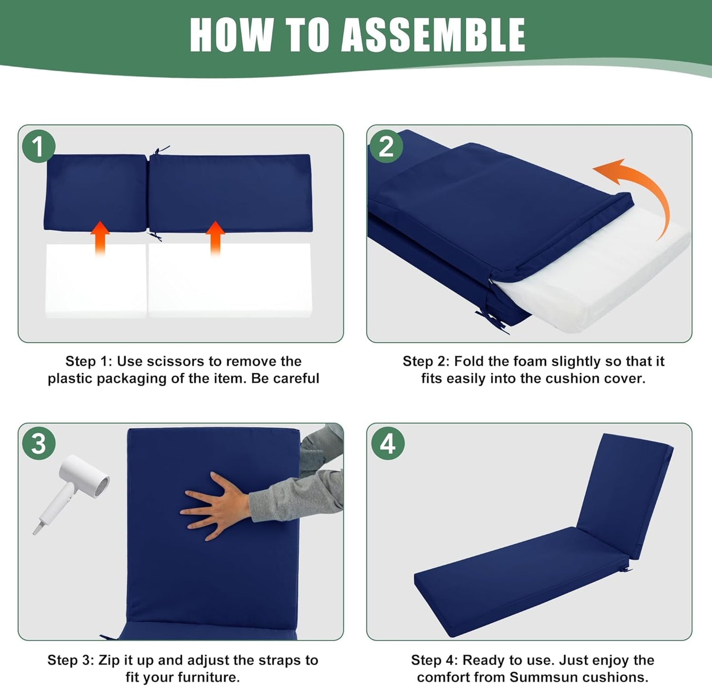 Chaise Lounge Cushions Outdoor Set of 2 - Waterproof and Fade Resistant Sun Lounger Replacement Cushions - Patio Lounger Pads with Removable Cover for Pool, Deck, 80 x 26 x 3 Inch, Navy