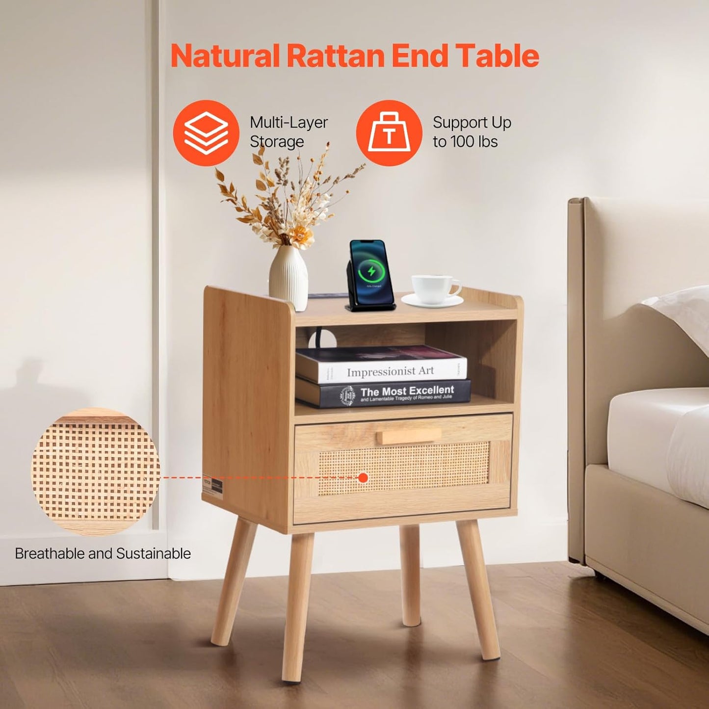 VEVOR Rattan Nightstand, Boho Bedside Table with Drawer Open Shelf, End Table Wooden Nightstand with Solid Wood Legs, Rattan Side Table with Charging Station, for Bedroom
