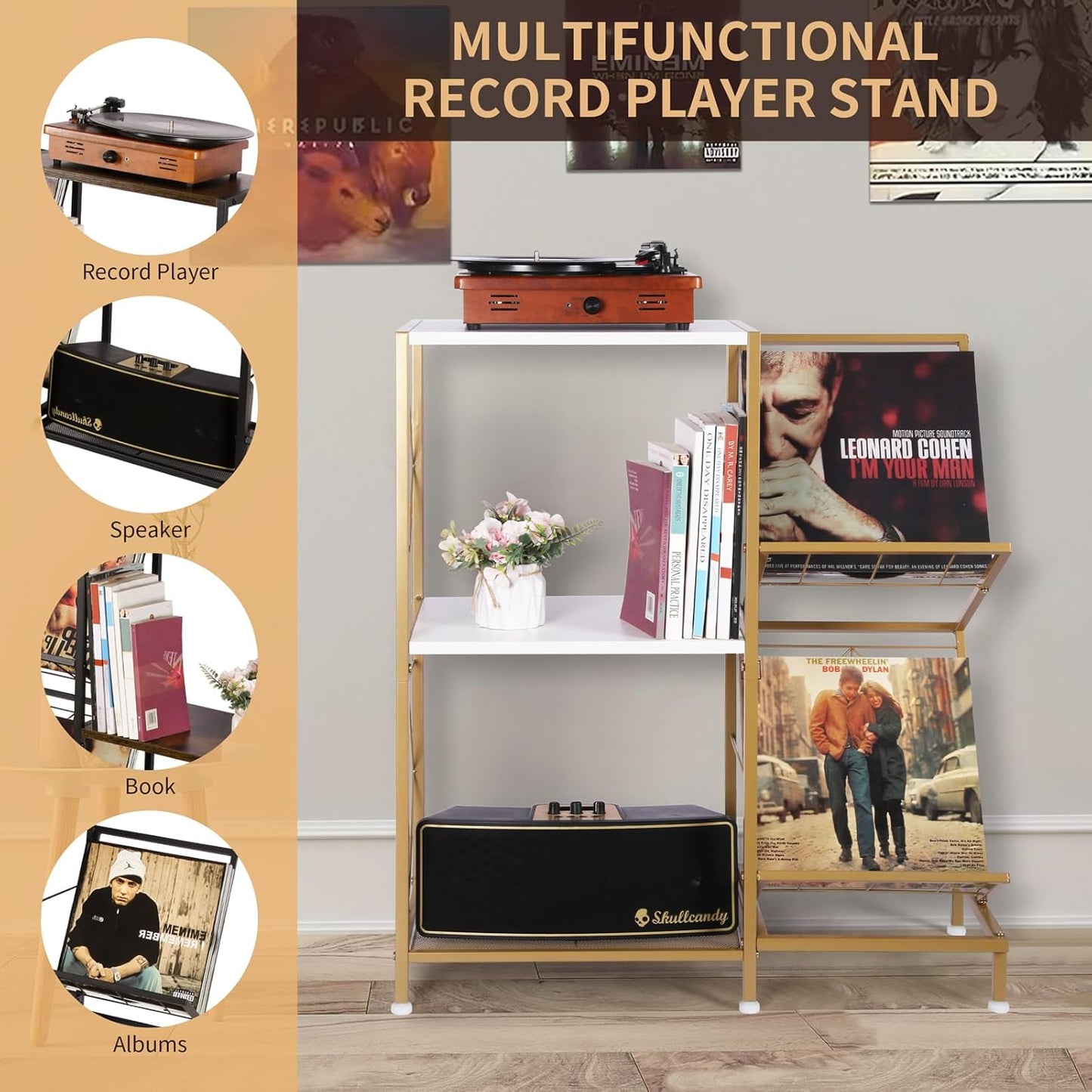 Record Player Stand with Vinyl Record Storage, Turntable Stand with 2-Tier Vinyl Display Shelf & Metal Frame, Vinyl Holder for Living Room, Gold & White