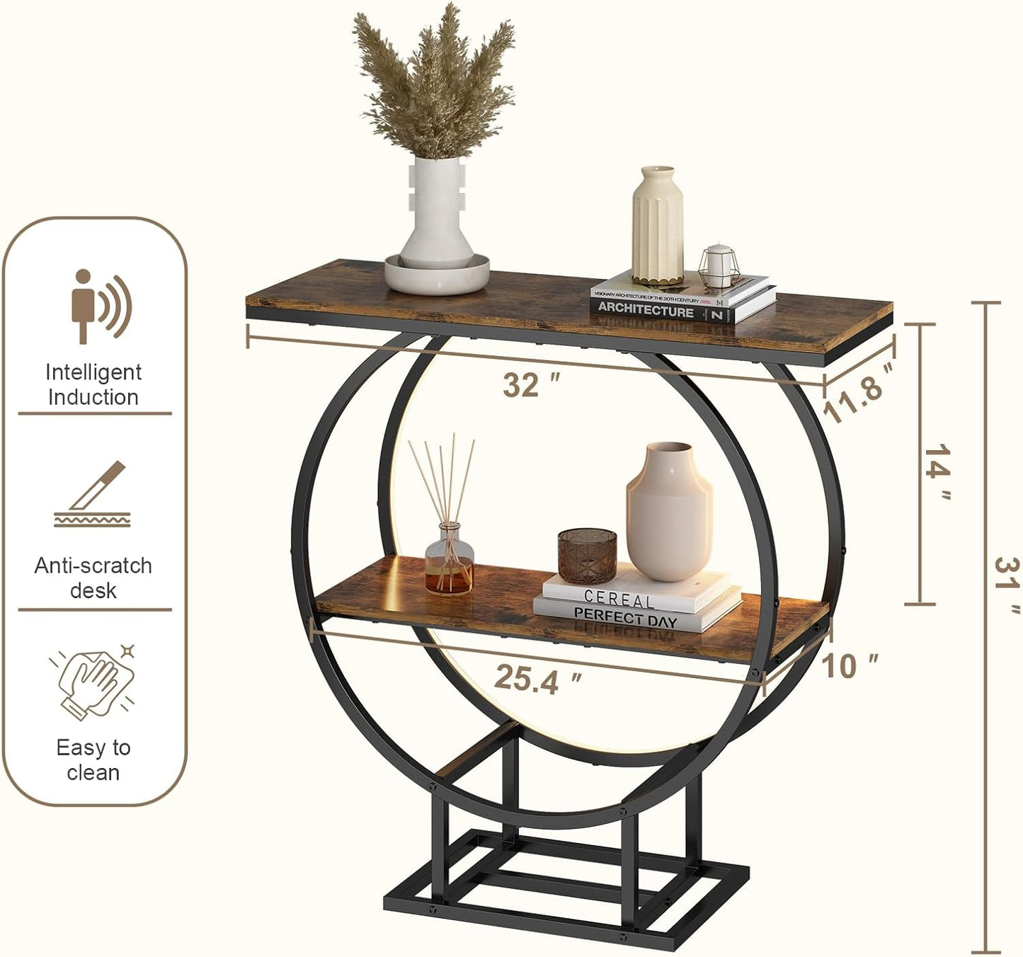 Console Tables, Entryway Table with Motion Sensor Light, 30" Height Behind Couch Sofa Table, Industrial Furniture, Hallway Table for Living Room, Entrance, O-Shaped Metal Frame, Rustic Brown