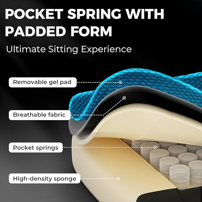 Dowinx Gaming Chair Breathable Fabric with Gel Pad, Ergonomic Game Chair with Pocket Spring Cushion, Comfortable Office Chair with Footrest and Storage Bag for Adults, Black