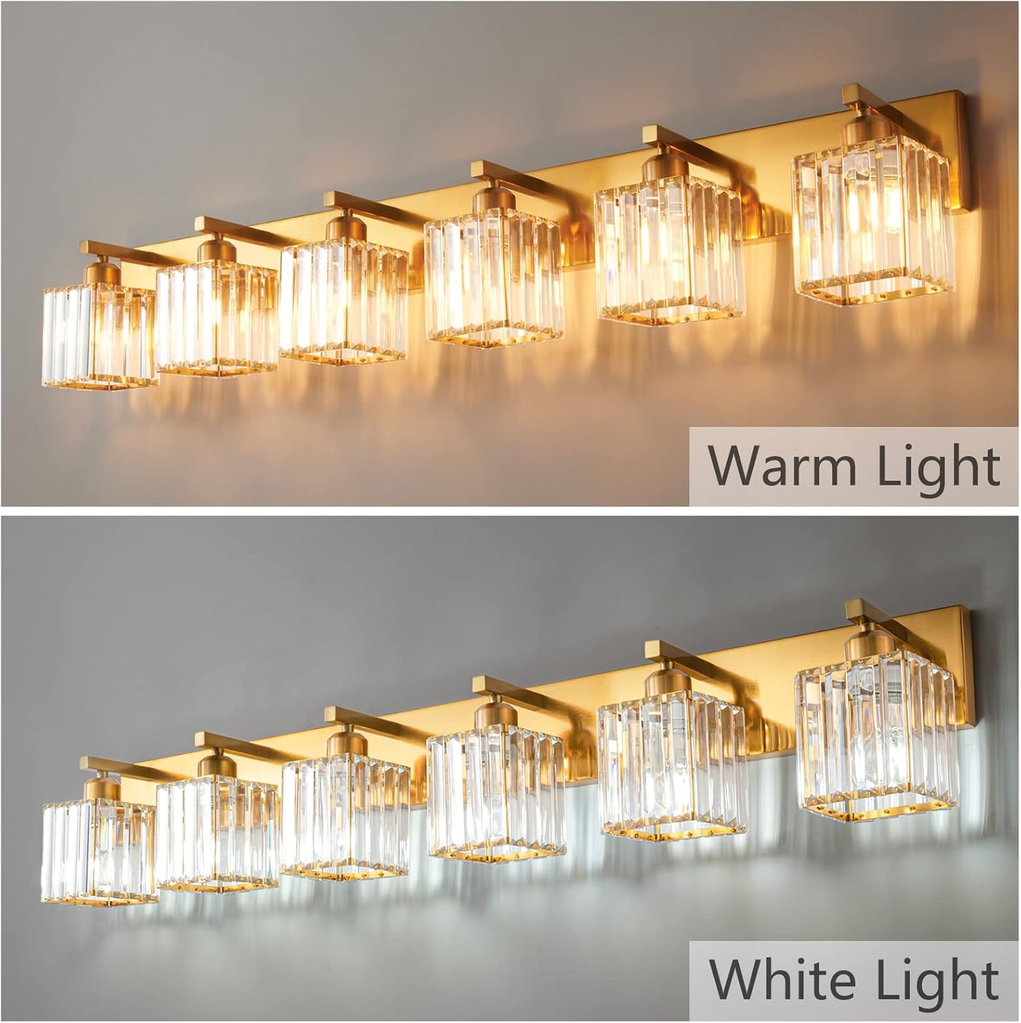Modern 6-Light Gold Brushed Brass Finish Crystal Wall Light for Bathroom Vanity
