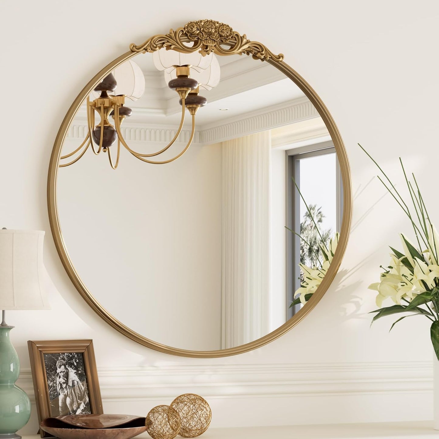 TokeShimi 24x24 Vintage Round Mirror with Metal Frame,Antique Round Gold Mirror for Wall,Bedroom,Fireplace,Baroque Vanity Mirror Wall-Mounted French Cleat Mounting