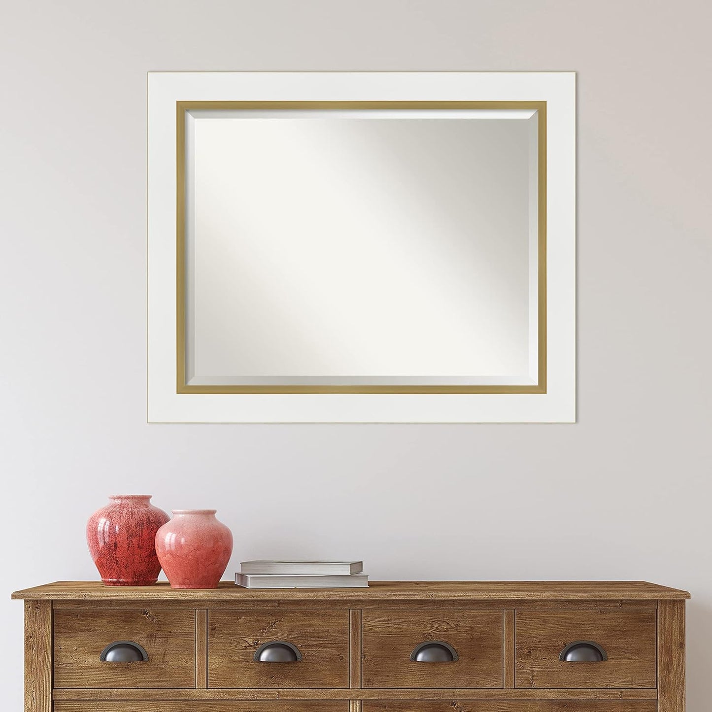 Amanti Art White Bathroom Mirror for Over Sink, 27x33 Eva White Gold Rectangle Vanity Mirror, Large Modern Contemporary Frame, Hangs Horizonally and Vertically, Bathroom Wall Decor, Beveled Edge