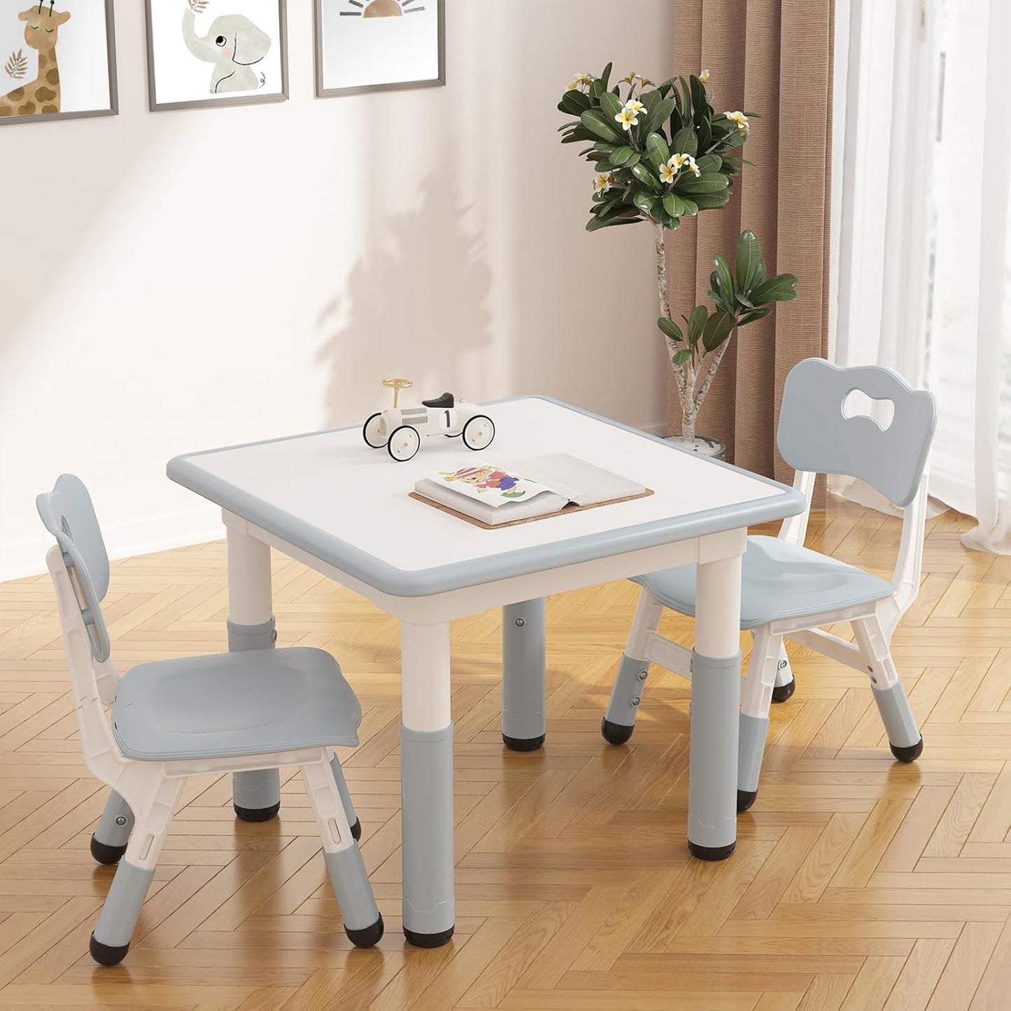 GarveeHome Kids Table and 2 Chairs Set, Height Adjustable Toddler Table and Chair Set for 2, Graffiti Desktop, Non-Slip Design, Children Table for Home Daycare Preschool for Ages 2-8, Gray Blue