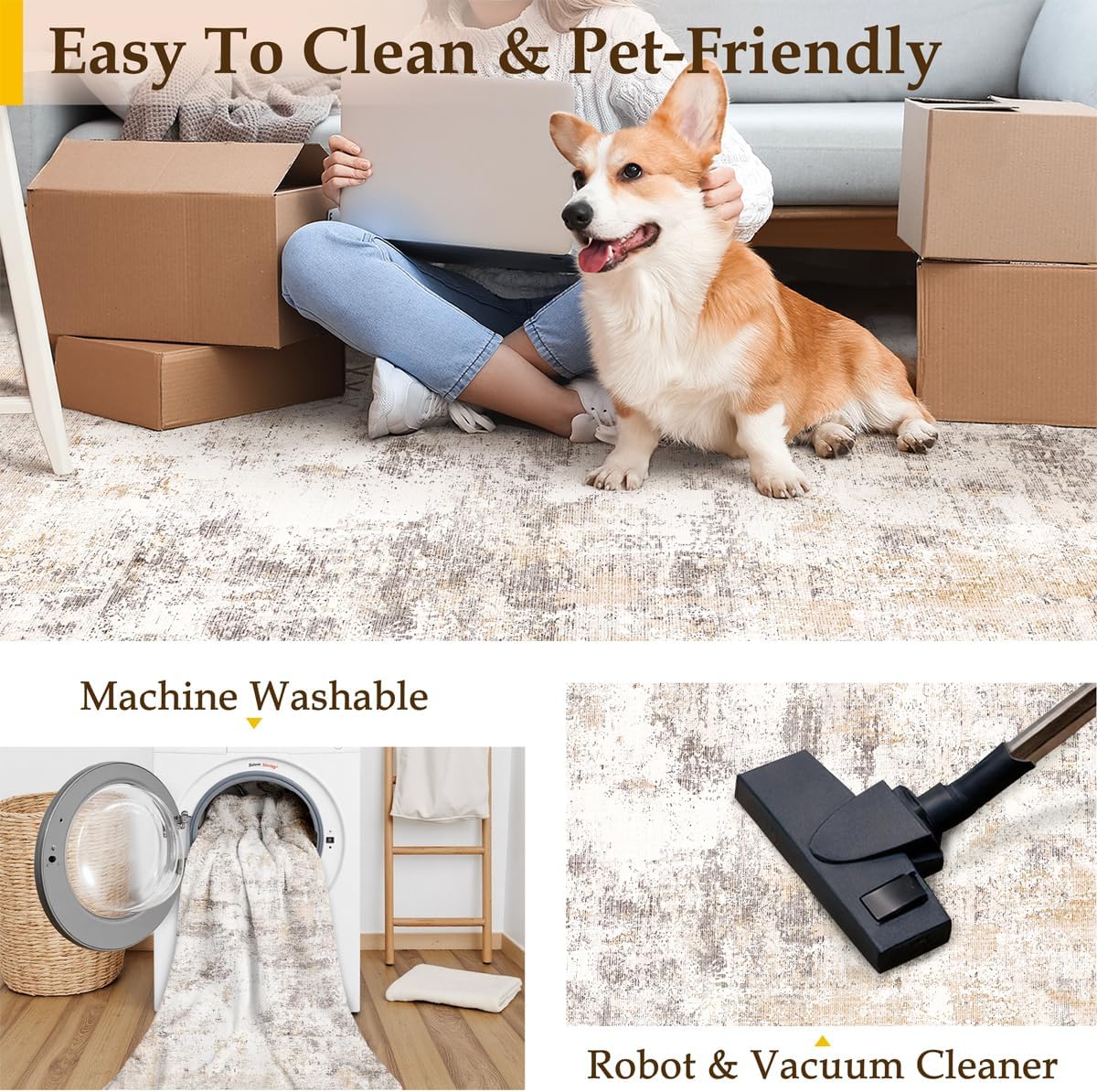 10x14 Washable Area Rug Beige Grey Neutral Abstract Living Room Bedroom Large Throw Rug Non Slip Soft Low Pile Indoor Floor Carpet for Dining Room Kitchen Office Entryway